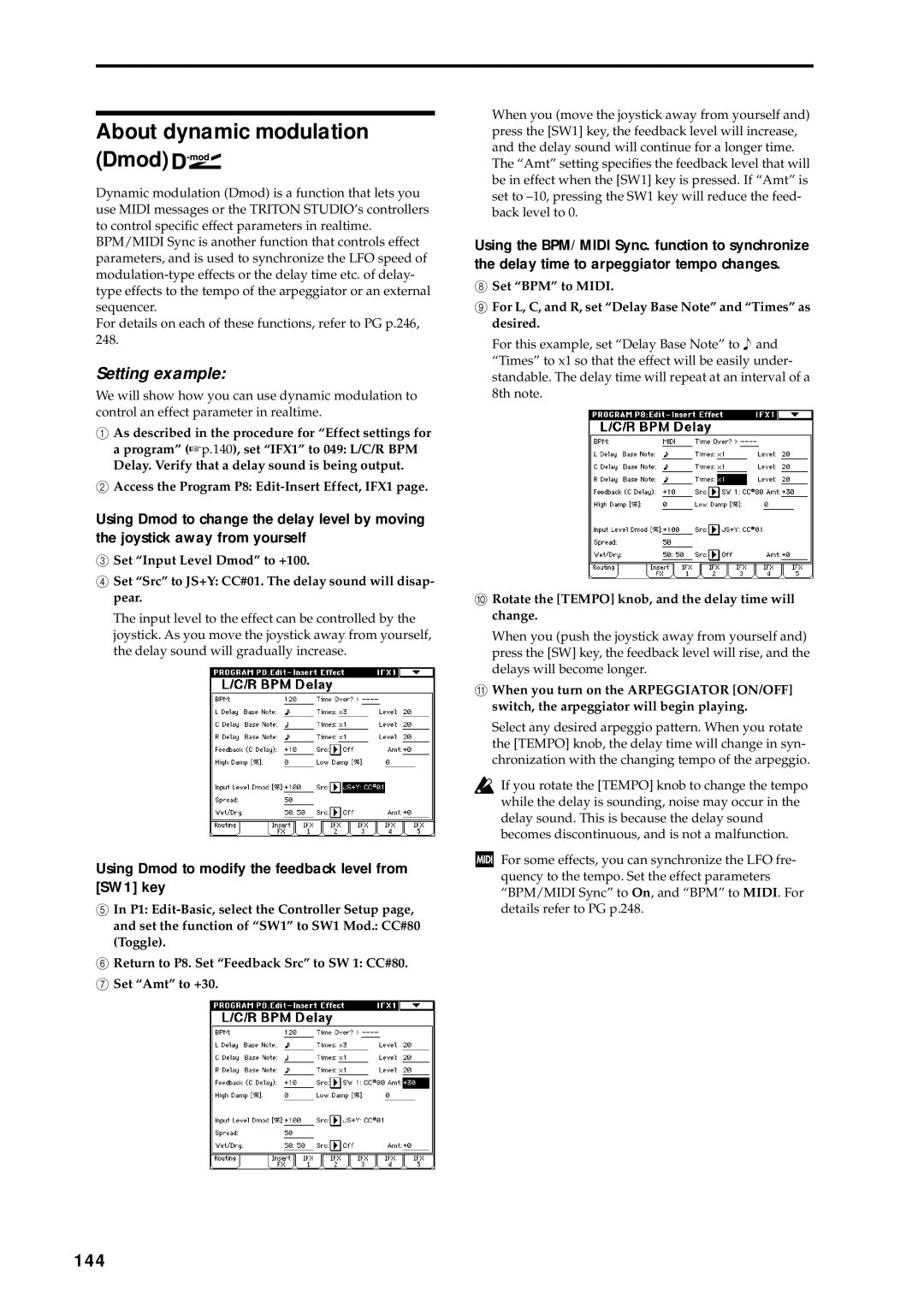 Korg music workstation, sampler manual About dynamic modulation Dmod, 144, Setting example 