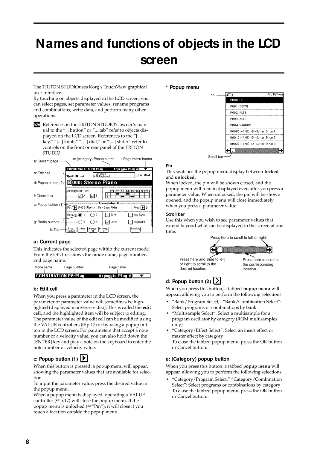 Korg music workstation, sampler manual Names and functions of objects in the LCD Screen 