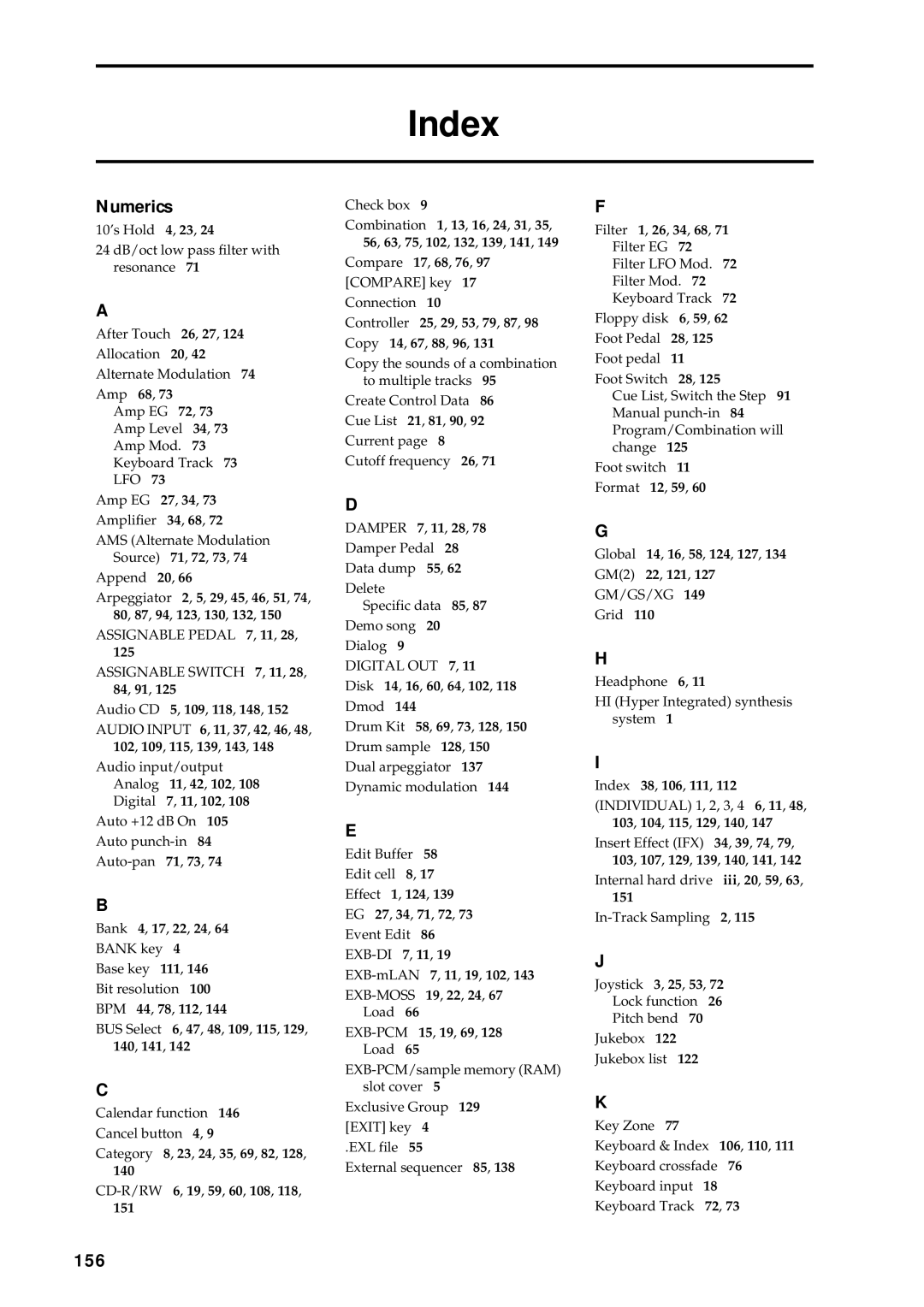 Korg music workstation, sampler manual Index, Numerics, 156 