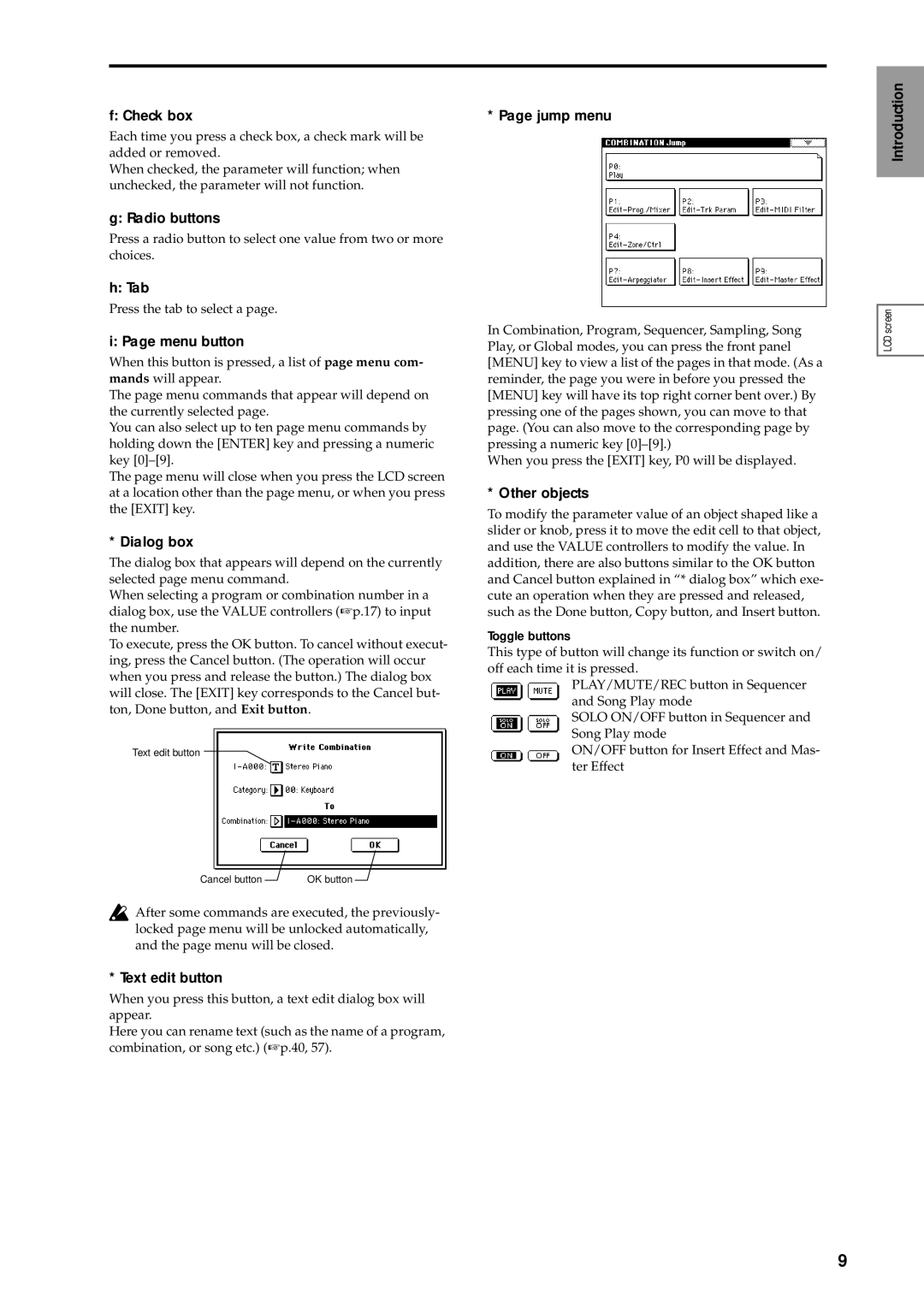 Korg sampler manual Check box, Radio buttons, Tab, Menu button, Dialog box, Text edit button, Jump menu, Other objects 