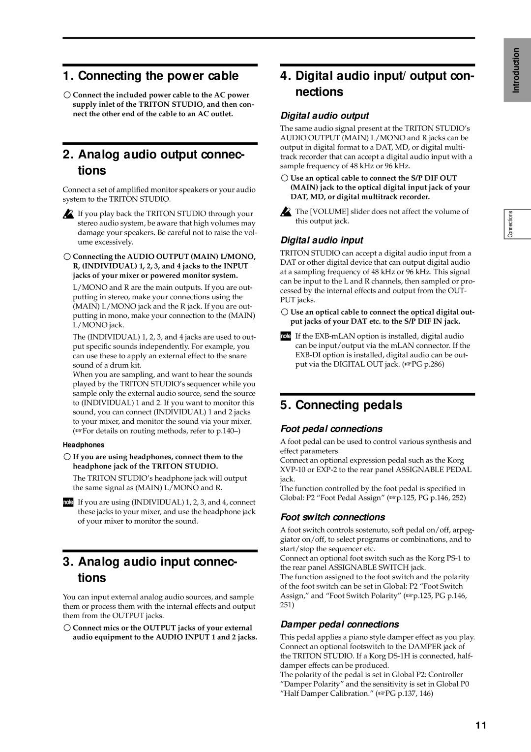 Korg sampler manual Connecting the power cable, Analog audio output connec- tions, Analog audio input connec- tions 