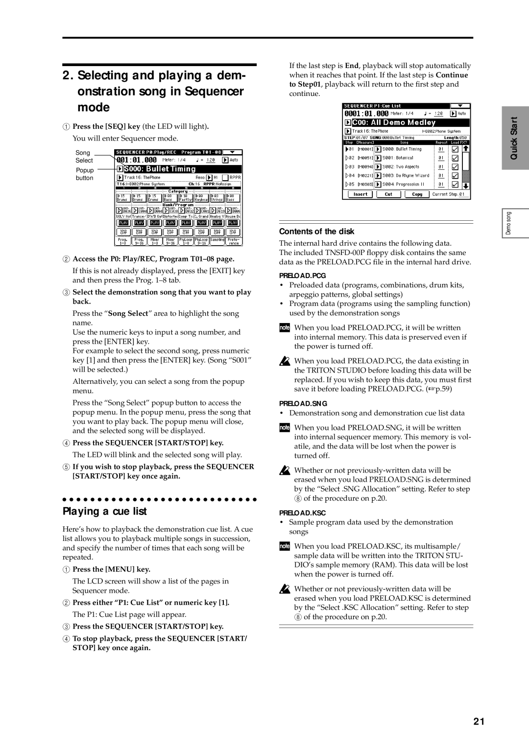 Korg sampler, music workstation manual Playing a cue list, Contents of the disk 