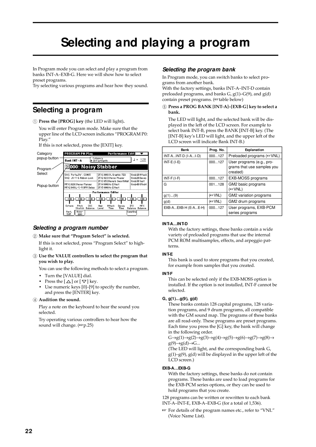 Korg music workstation manual Selecting and playing a program, Selecting a program number, Selecting the program bank 