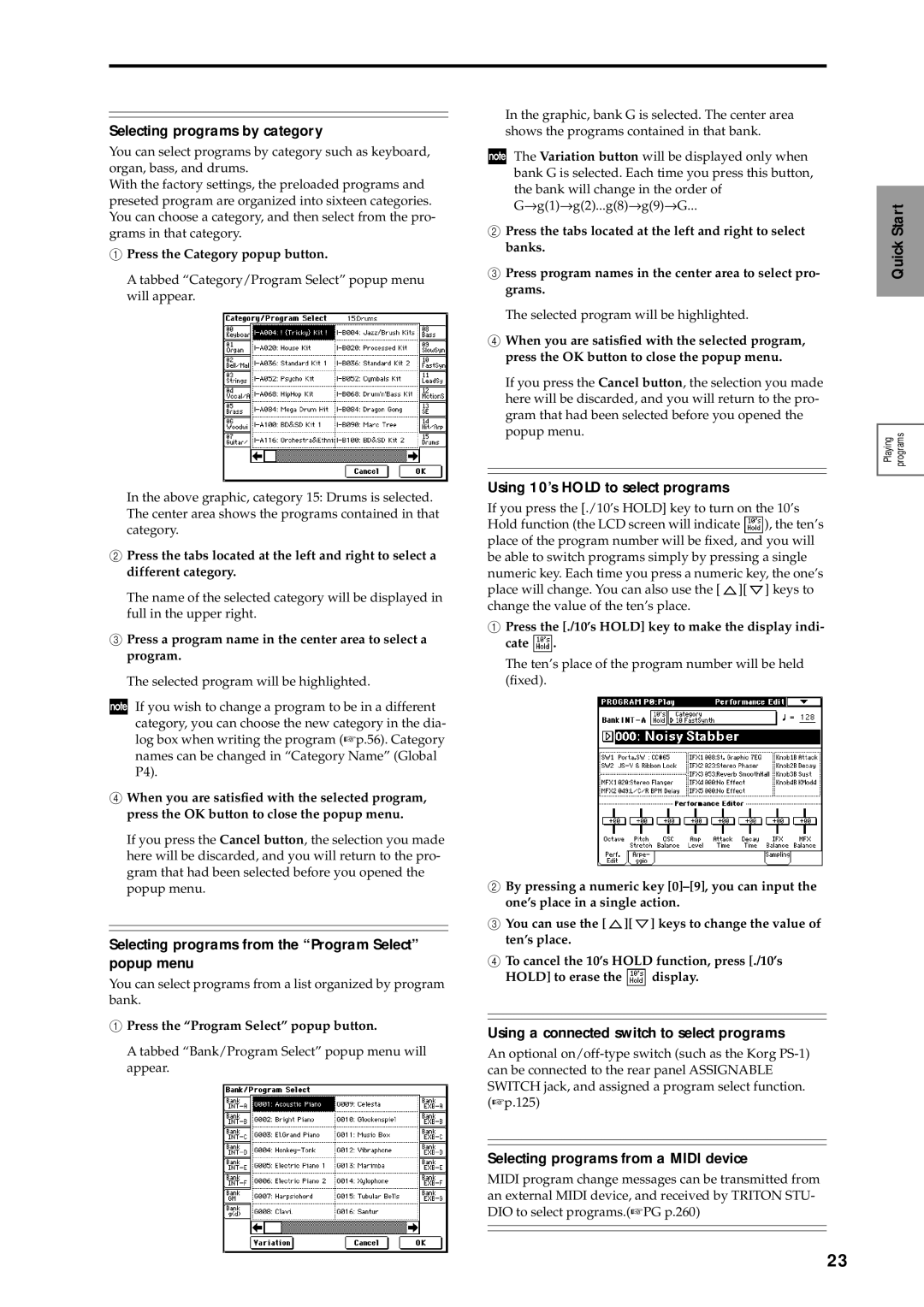 Korg sampler, music workstation manual Selecting programs by category, Selecting programs from the Program Select popup menu 