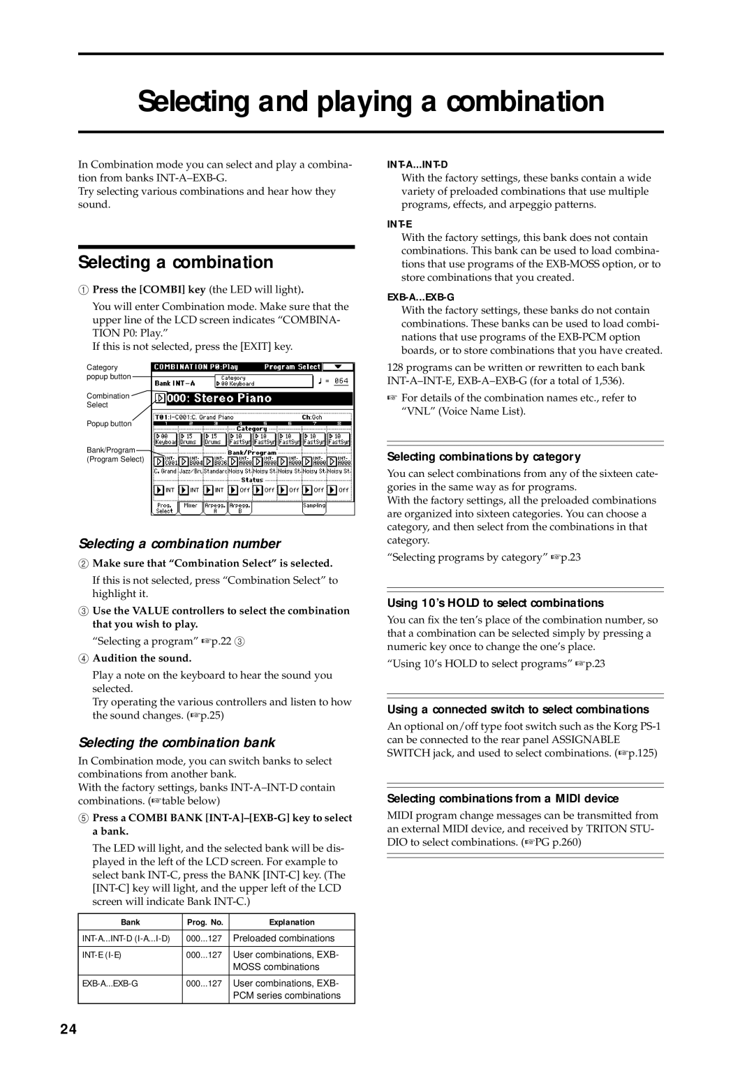 Korg music workstation, sampler manual Selecting and playing a combination, Selecting a combination number 