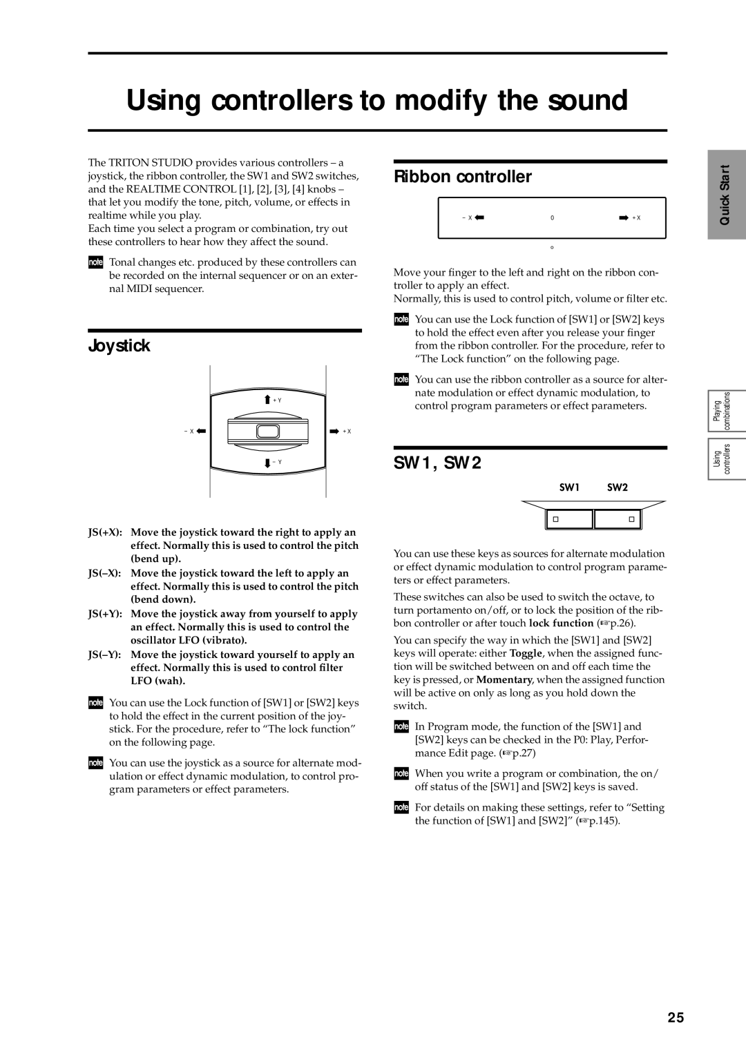 Korg sampler, music workstation manual Using controllers to modify the sound, Joystick, Ribbon controller, SW1, SW2 