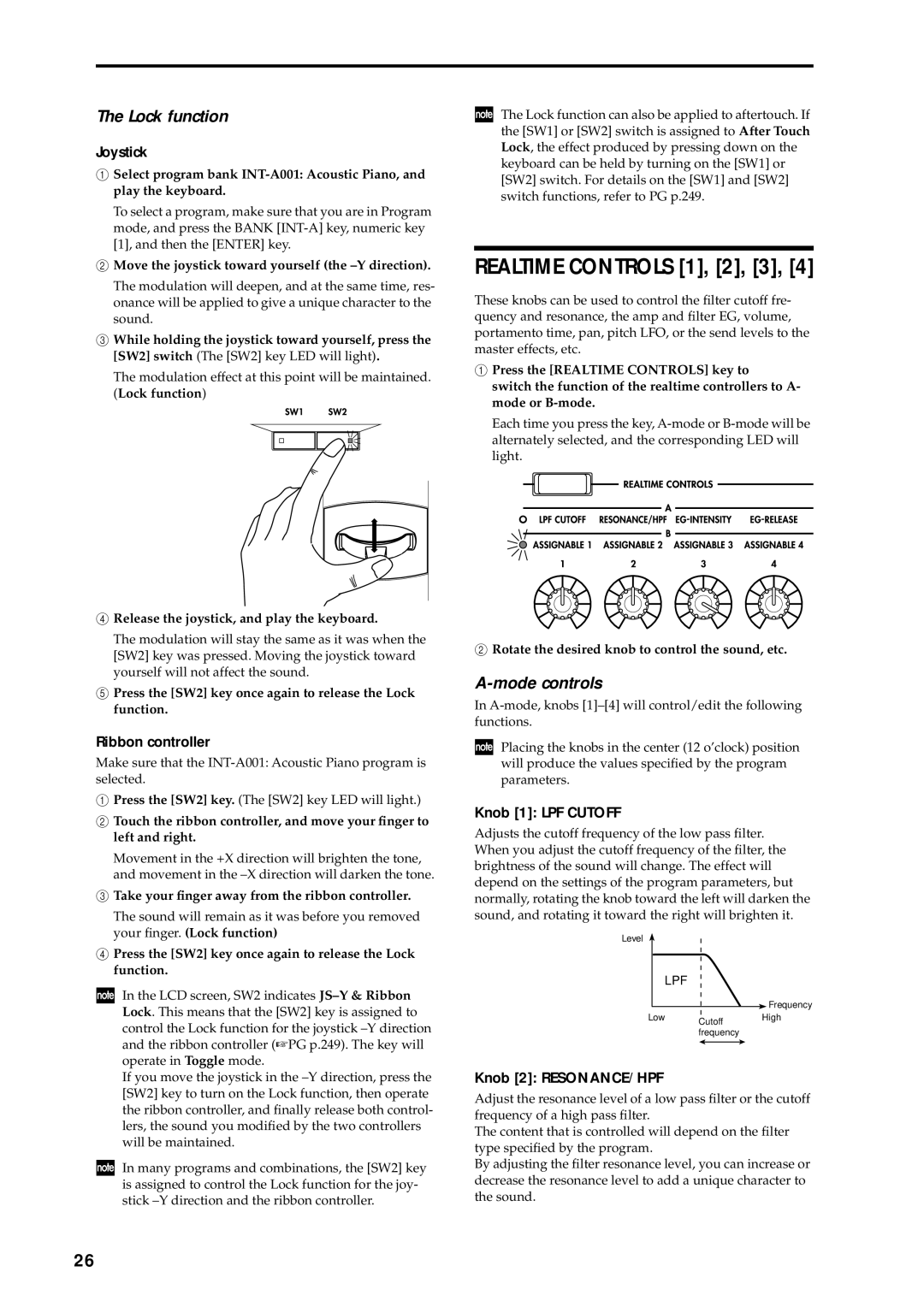 Korg music workstation Realtime Controls 1, 2, 3, Lock function, Mode controls, Knob 1 LPF Cutoff, Knob 2 RESONANCE/HPF 