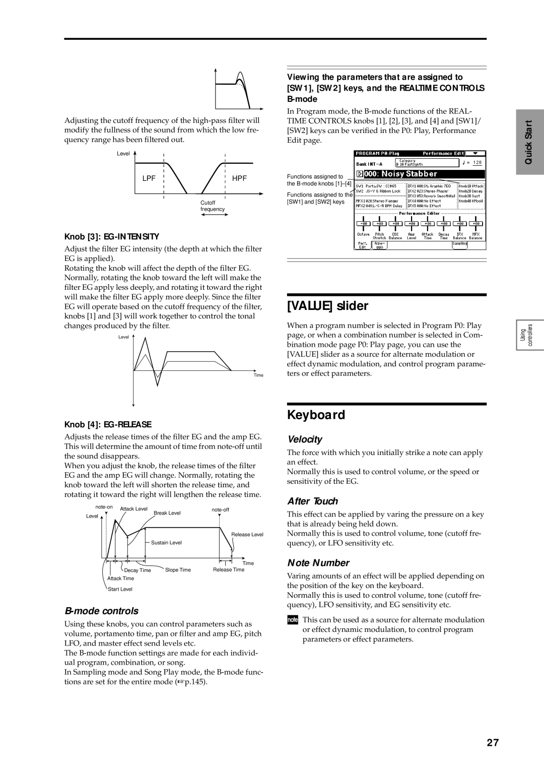 Korg sampler, music workstation manual Value slider, Keyboard, Velocity, After Touch 