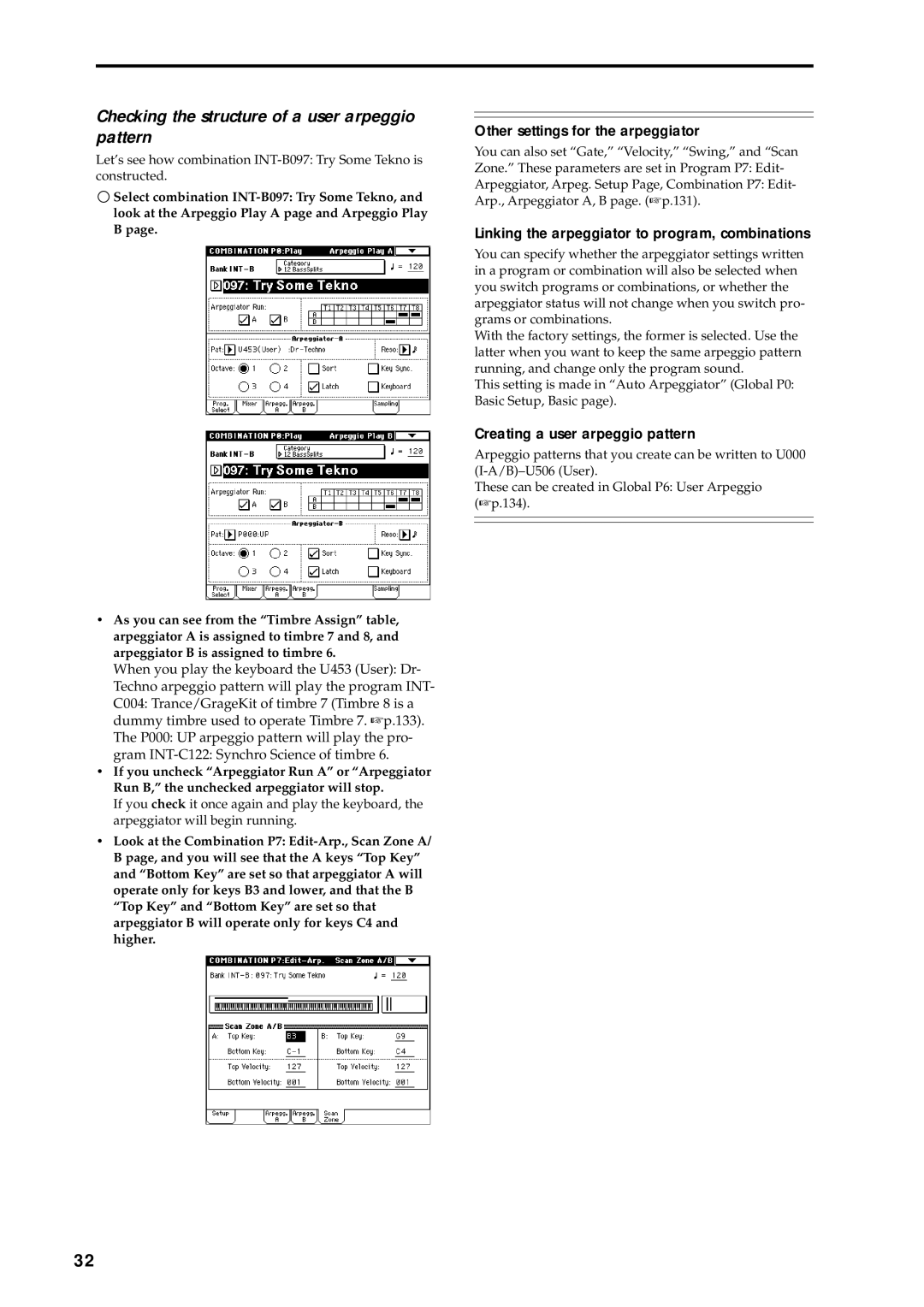 Korg music workstation, sampler manual Checking the structure of a user arpeggio pattern, Other settings for the arpeggiator 