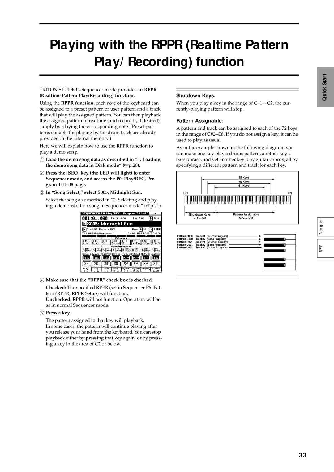 Korg sampler manual Shutdown Keys, Pattern Assignable, Make sure that the Rppr check box is checked, Press a key 