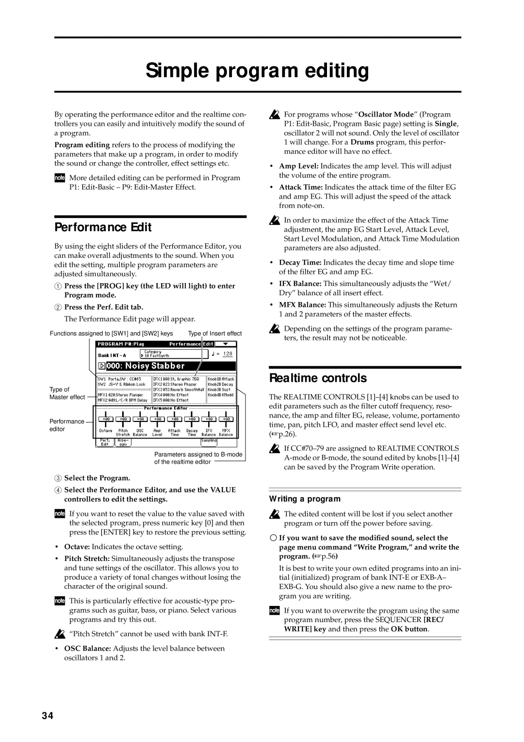 Korg music workstation, sampler manual Simple program editing, Performance Edit, Realtime controls, Writing a program 