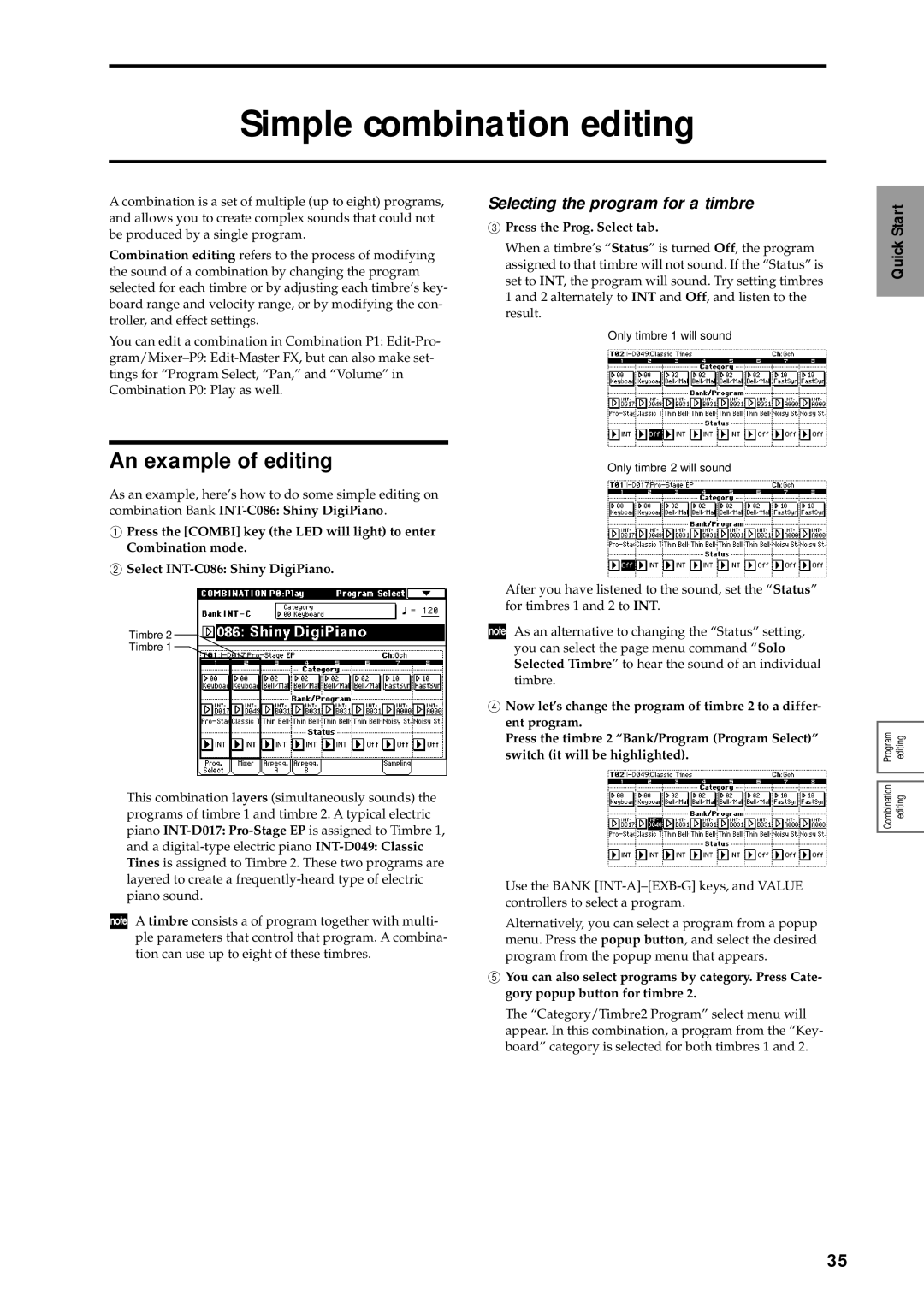 Korg sampler, music workstation manual Simple combination editing, An example of editing, Selecting the program for a timbre 