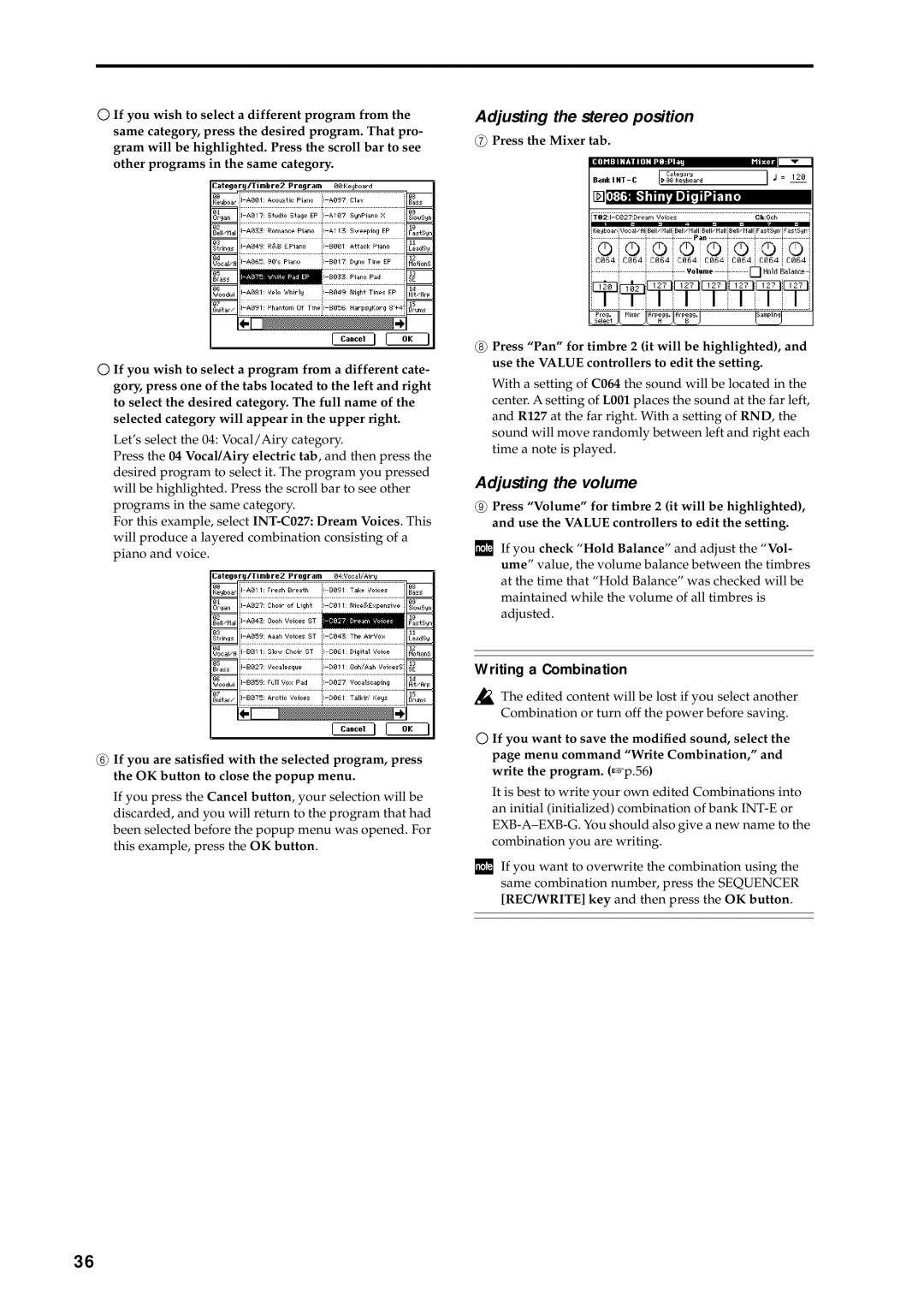 Korg music workstation, sampler manual Adjusting the stereo position, Adjusting the volume, Writing a Combination 