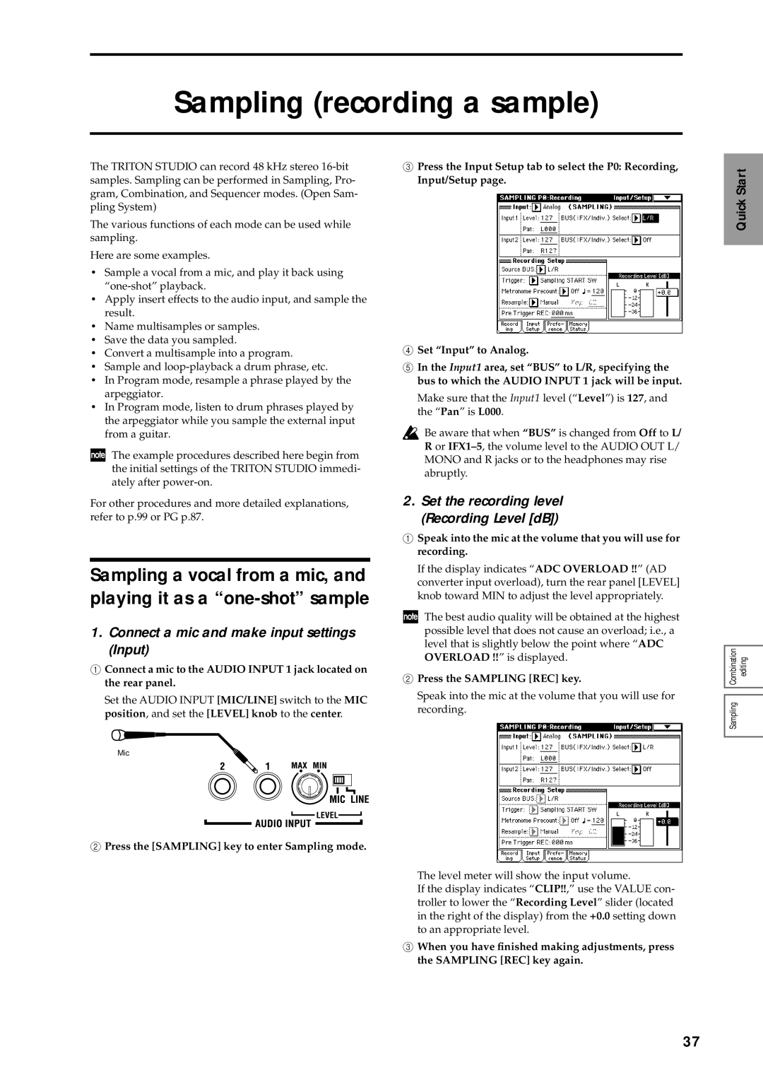 Korg sampler manual Sampling recording a sample, Connect a mic and make input settings Input, Press the Sampling REC key 