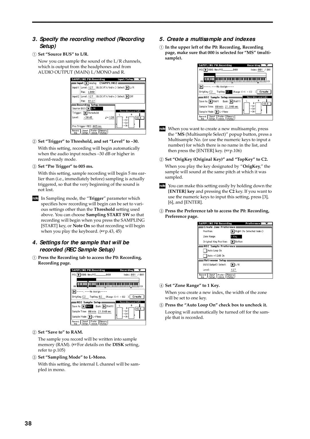 Korg music workstation, sampler manual Specify the recording method Recording Setup, Create a multisample and indexes 