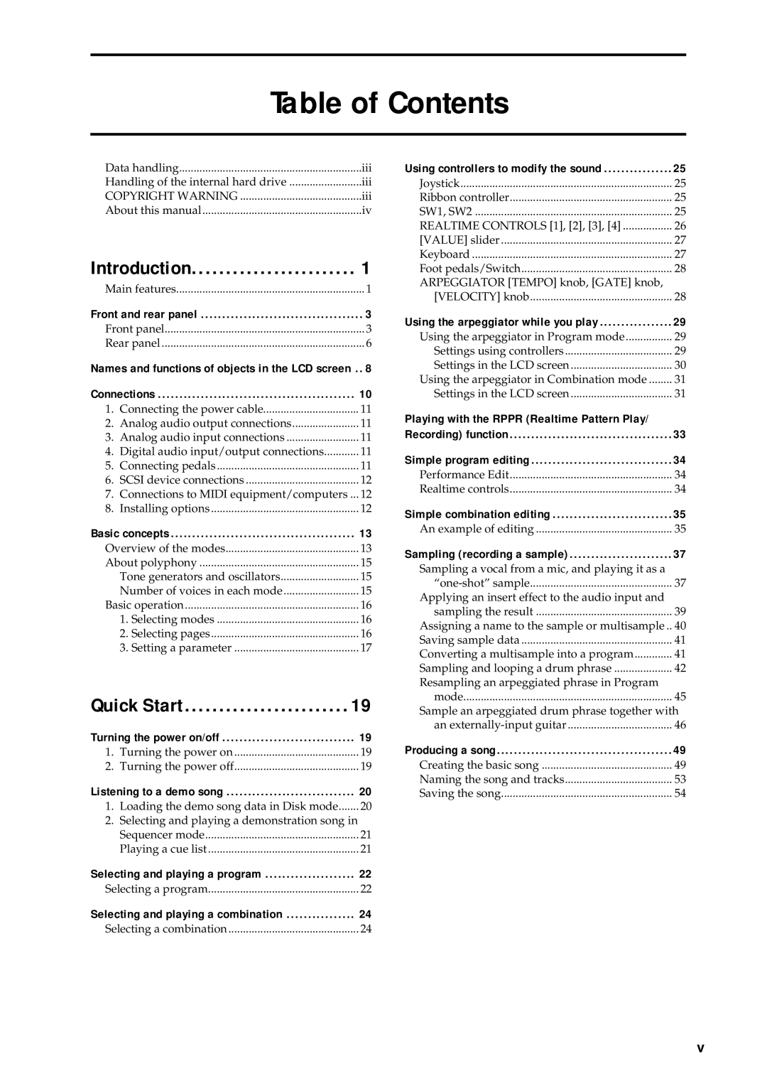 Korg sampler, music workstation manual Table of Contents 