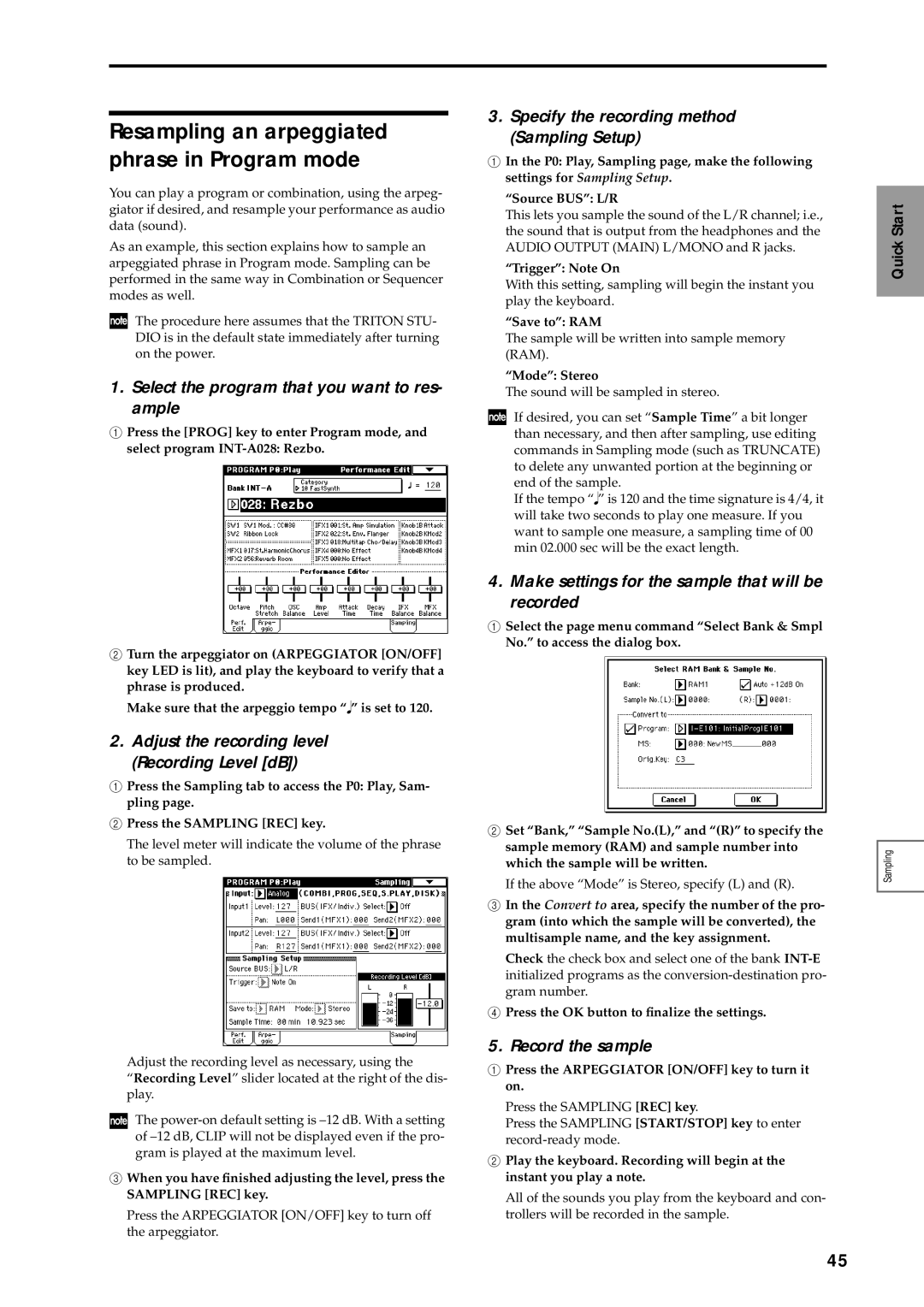 Korg sampler manual Resampling an arpeggiated phrase in Program mode, Select the program that you want to res- ample 