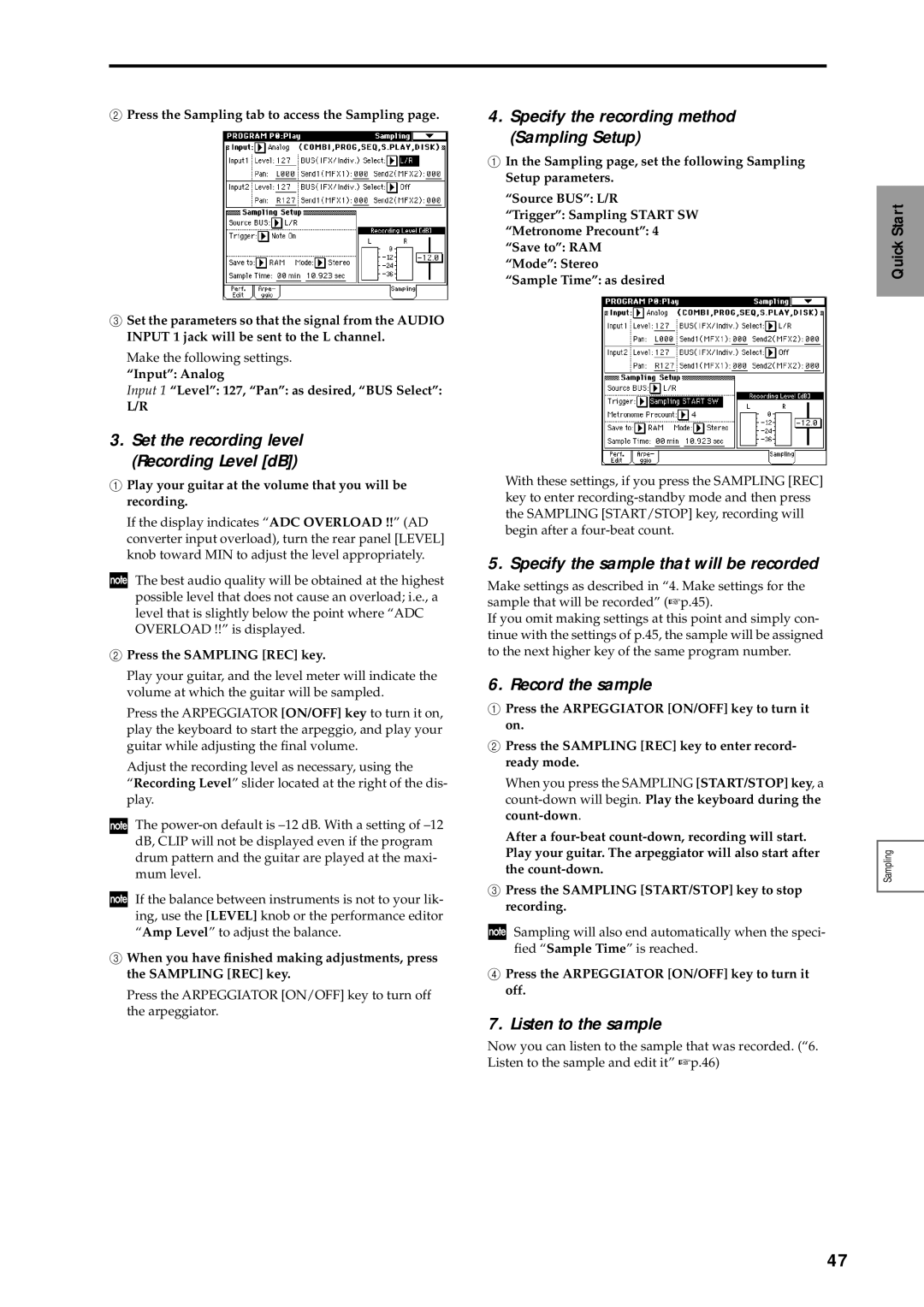 Korg sampler, music workstation manual Specify the sample that will be recorded, Listen to the sample 