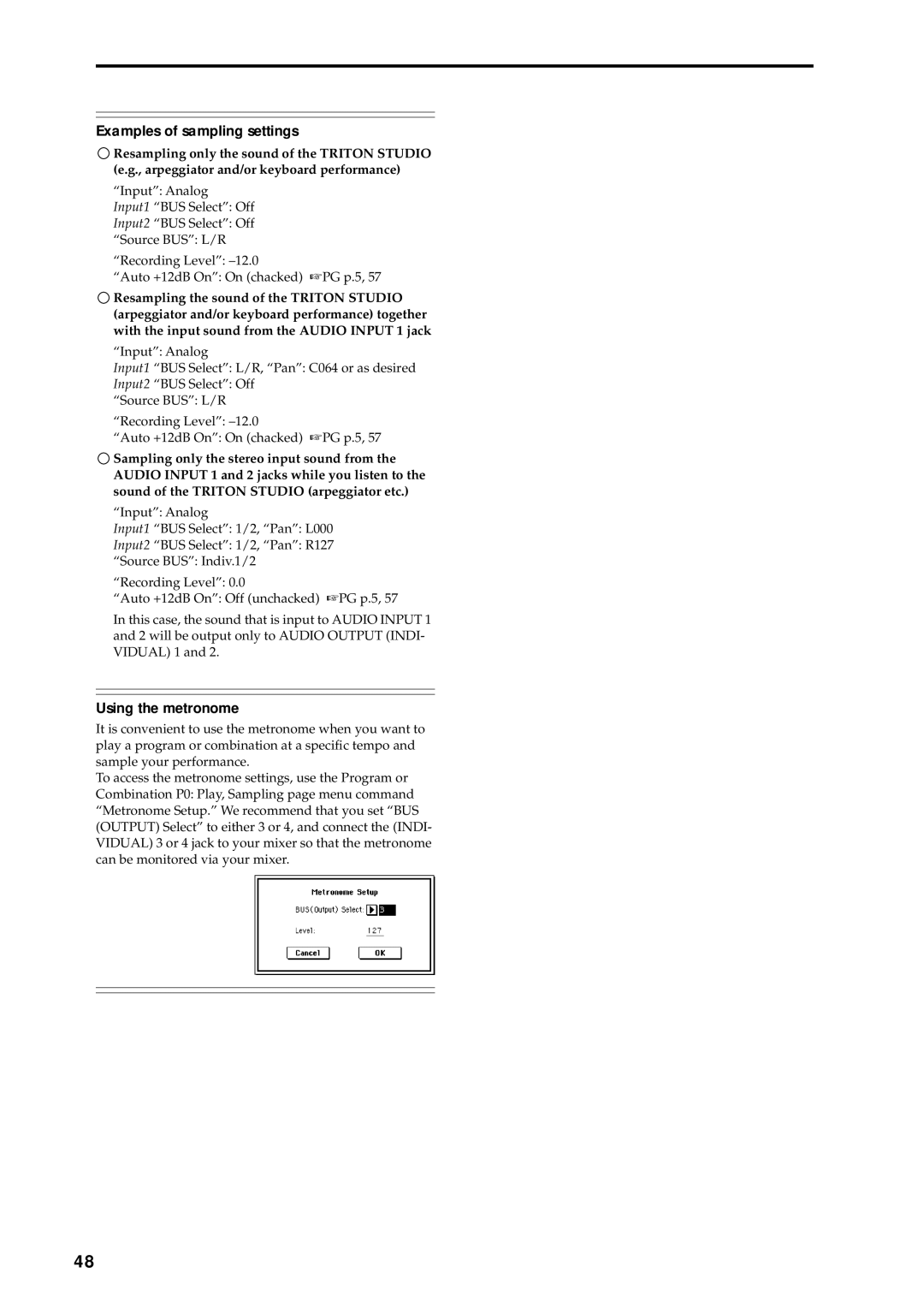 Korg music workstation, sampler manual Examples of sampling settings, Using the metronome 