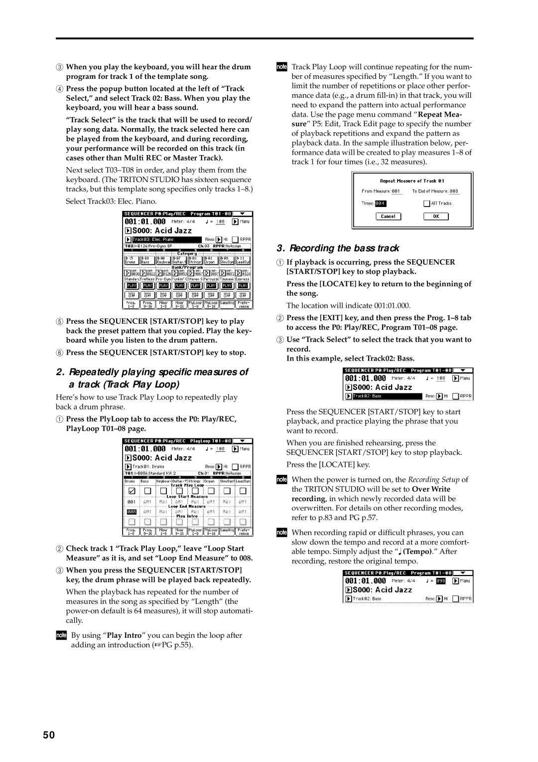 Korg music workstation, sampler manual Recording the bass track 