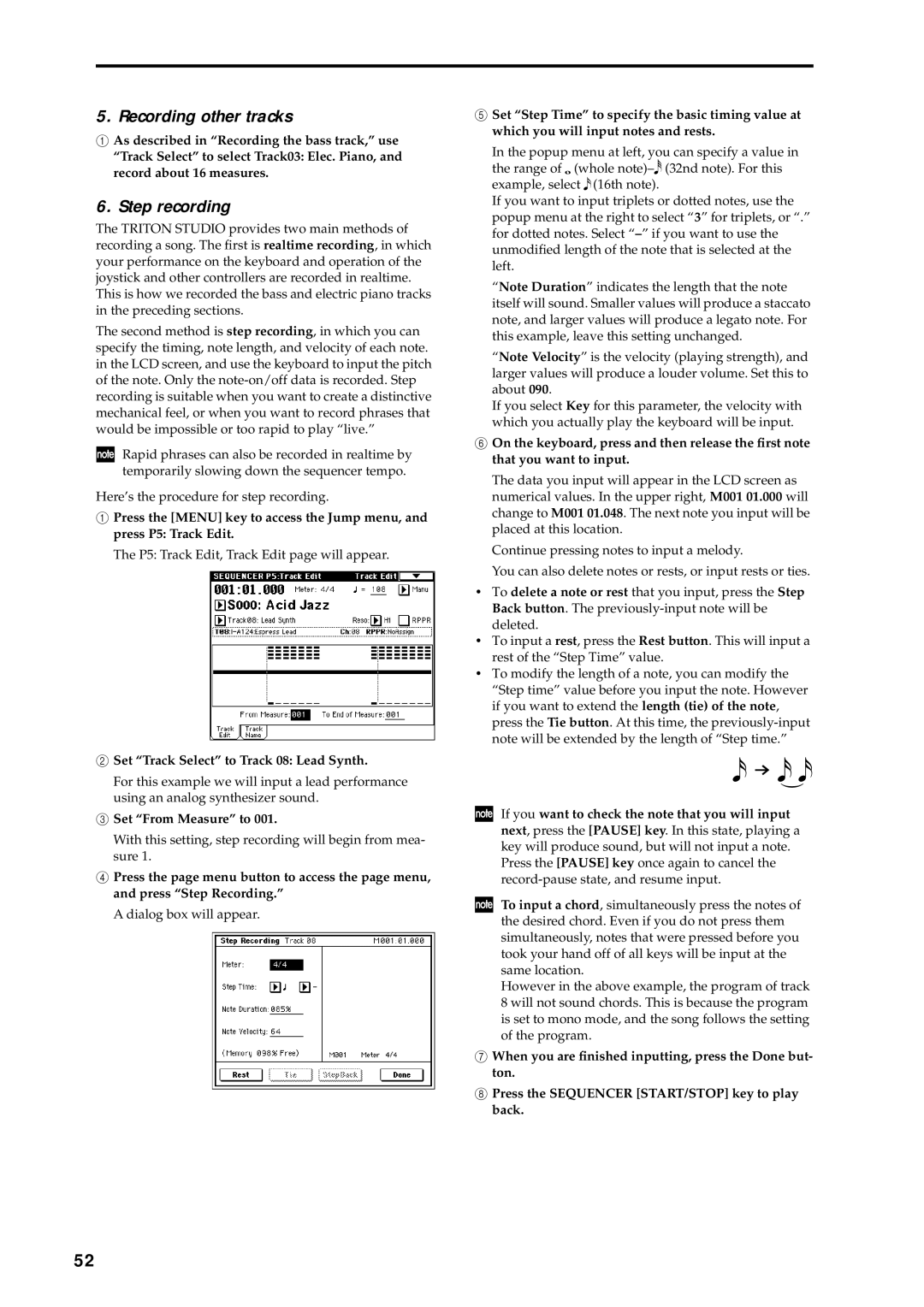 Korg music workstation, sampler manual Recording other tracks, Step recording, Set Track Select to Track 08 Lead Synth 