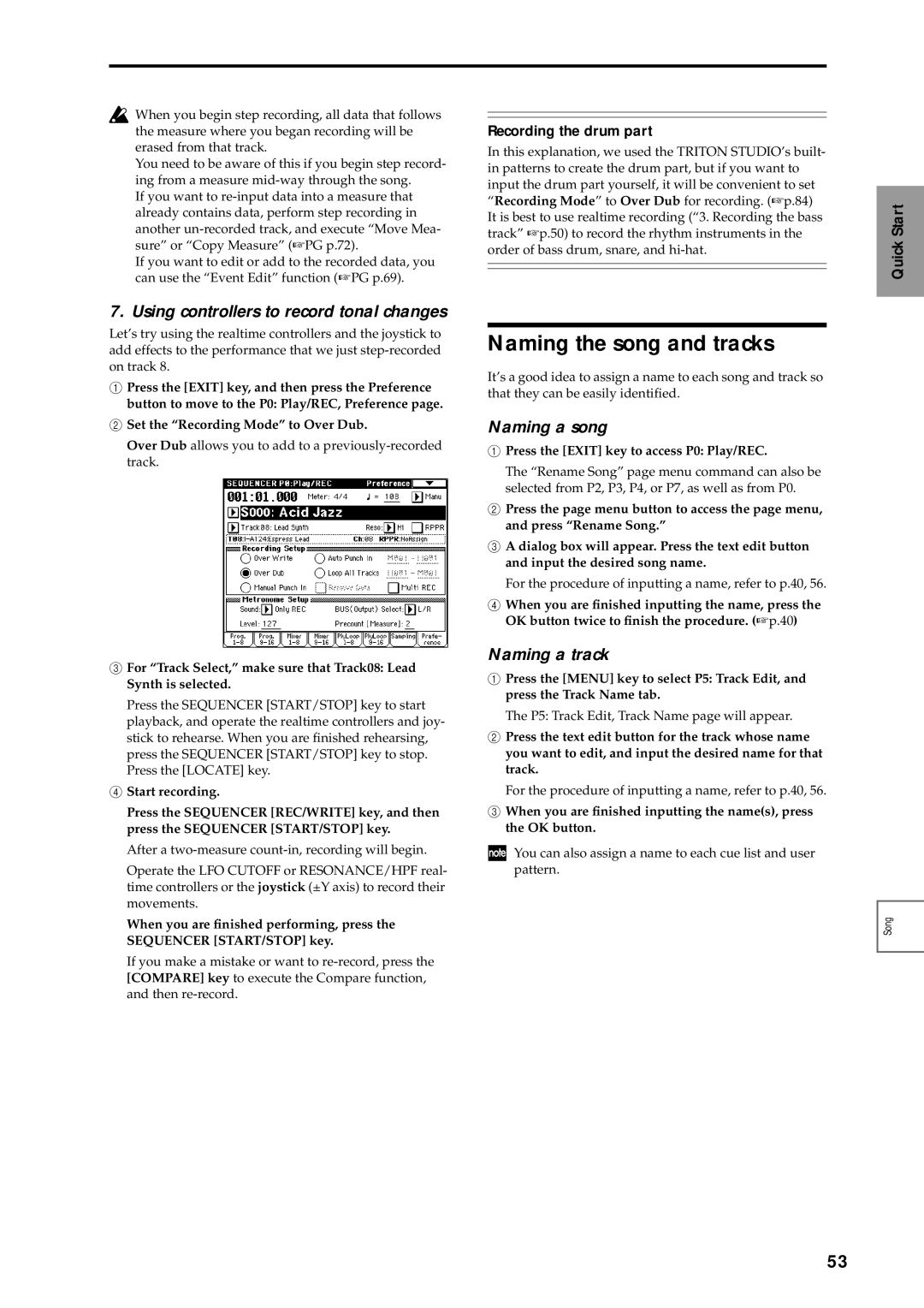 Korg sampler manual Naming the song and tracks, Using controllers to record tonal changes, Naming a song, Naming a track 