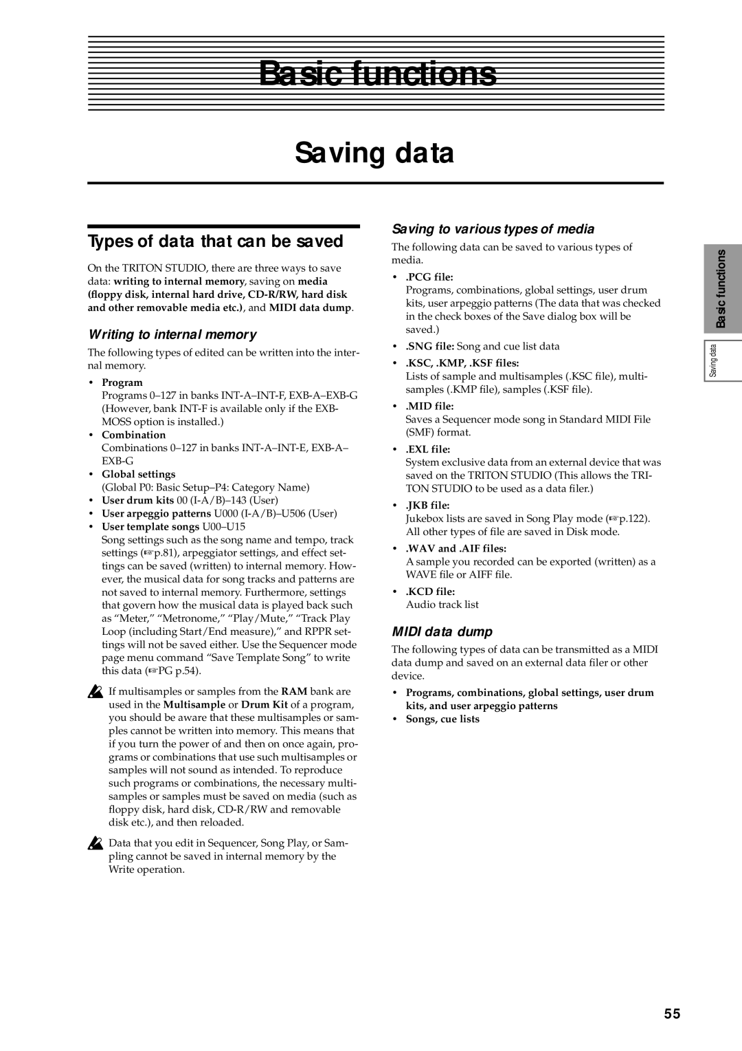 Korg sampler Saving data, Types of data that can be saved, Writing to internal memory, Saving to various types of media 