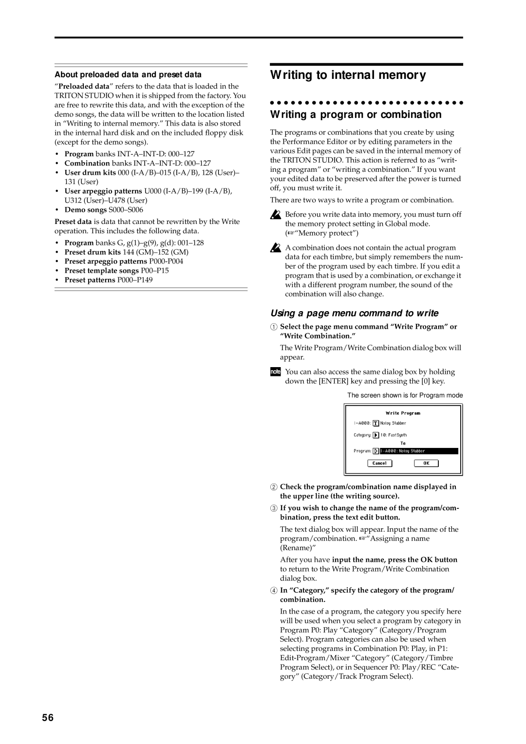 Korg music workstation Writing to internal memory, Writing a program or combination, Using a page menu command to write 