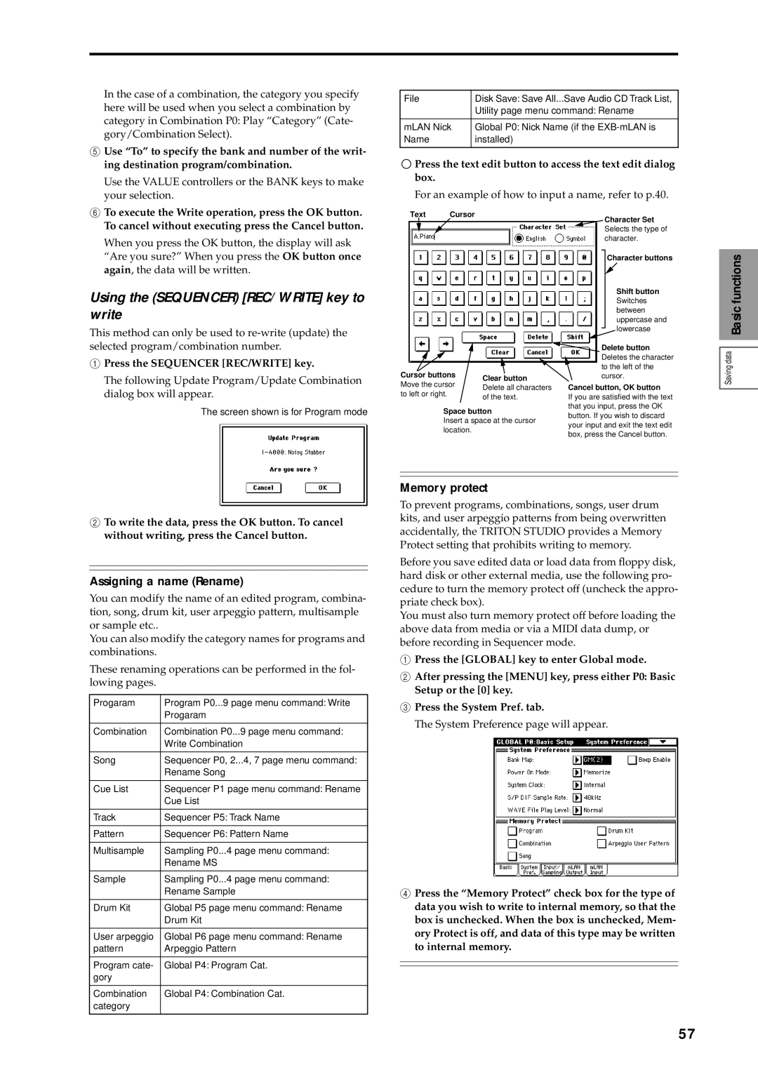 Korg sampler, music workstation manual Using the Sequencer REC/WRITE key to write, Assigning a name Rename, Memory protect 