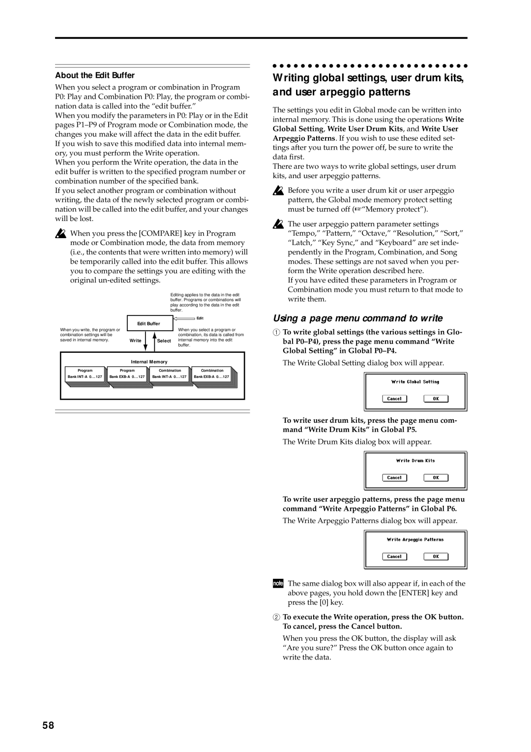 Korg music workstation, sampler manual About the Edit Buffer, Write Select 