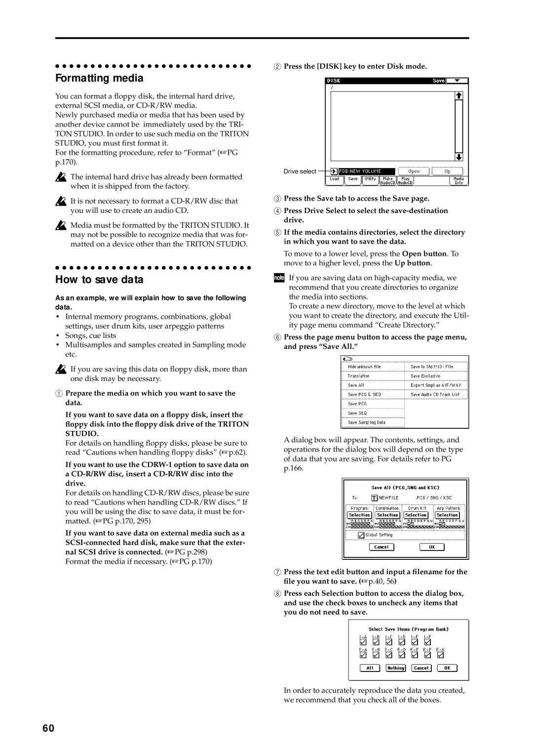 Korg music workstation, sampler manual Formatting media, How to save data, Press the Disk key to enter Disk mode 