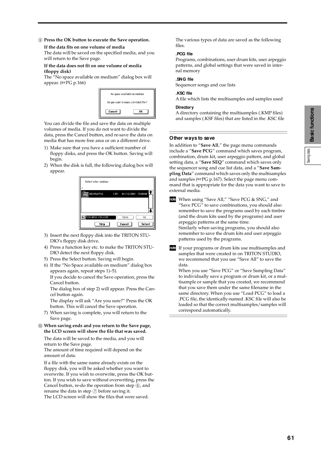 Korg sampler, music workstation manual Other ways to save, If the data does not ﬁt on one volume of media ﬂoppy disk 