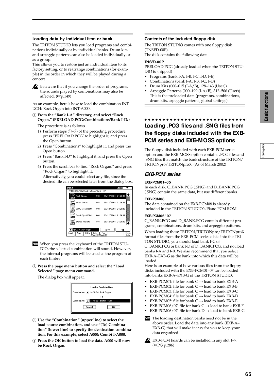 Korg sampler manual EXB-PCM series, Loading data by individual item or bank, Contents of the included ﬂoppy disk 