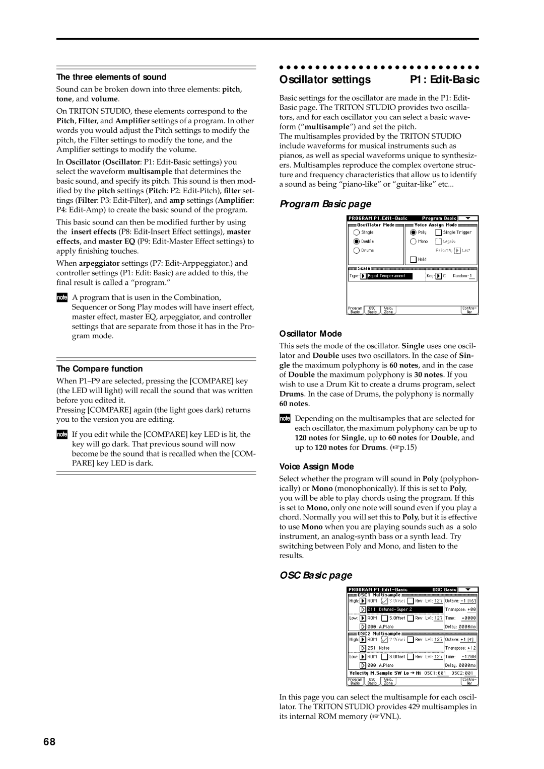 Korg music workstation, sampler manual Oscillator settings, Program Basic, OSC Basic 