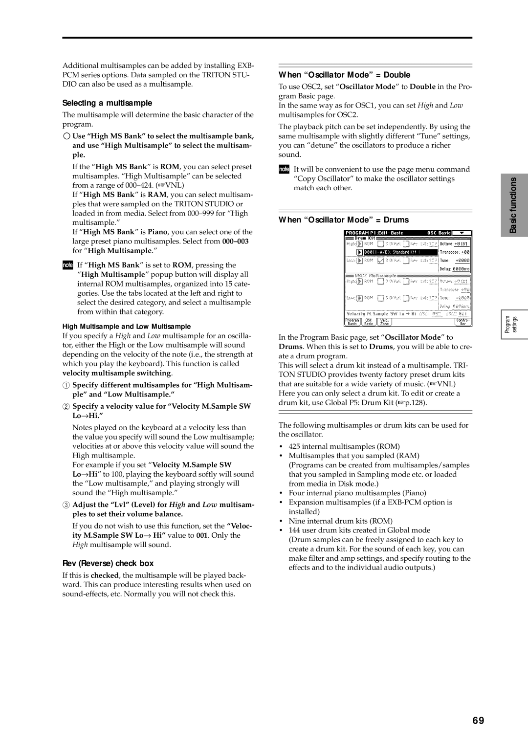 Korg sampler Selecting a multisample, Rev Reverse check box, When Oscillator Mode = Double, When Oscillator Mode = Drums 