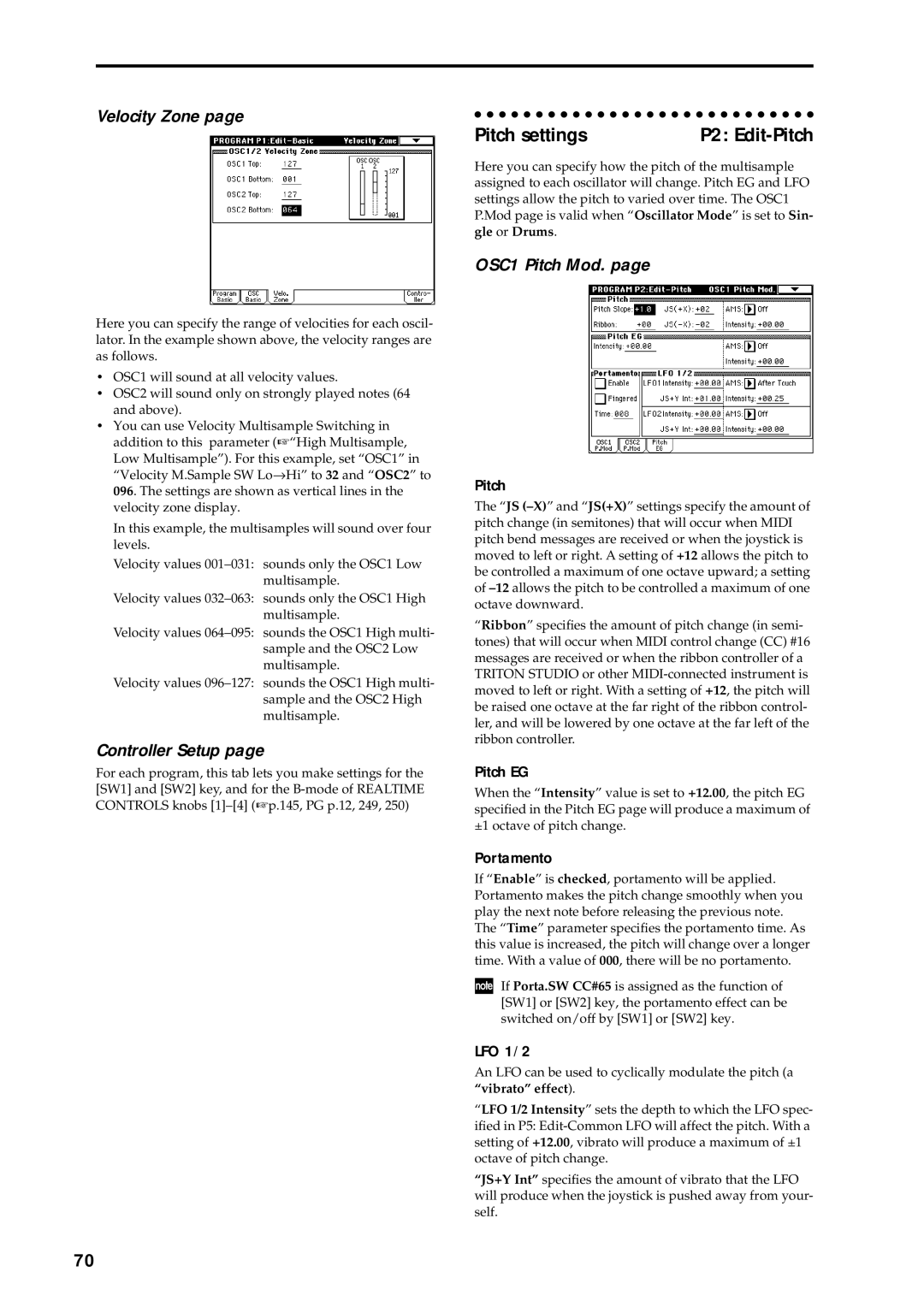 Korg music workstation, sampler manual Pitch settings, P2 Edit-Pitch, Velocity Zone, Controller Setup, OSC1 Pitch Mod 