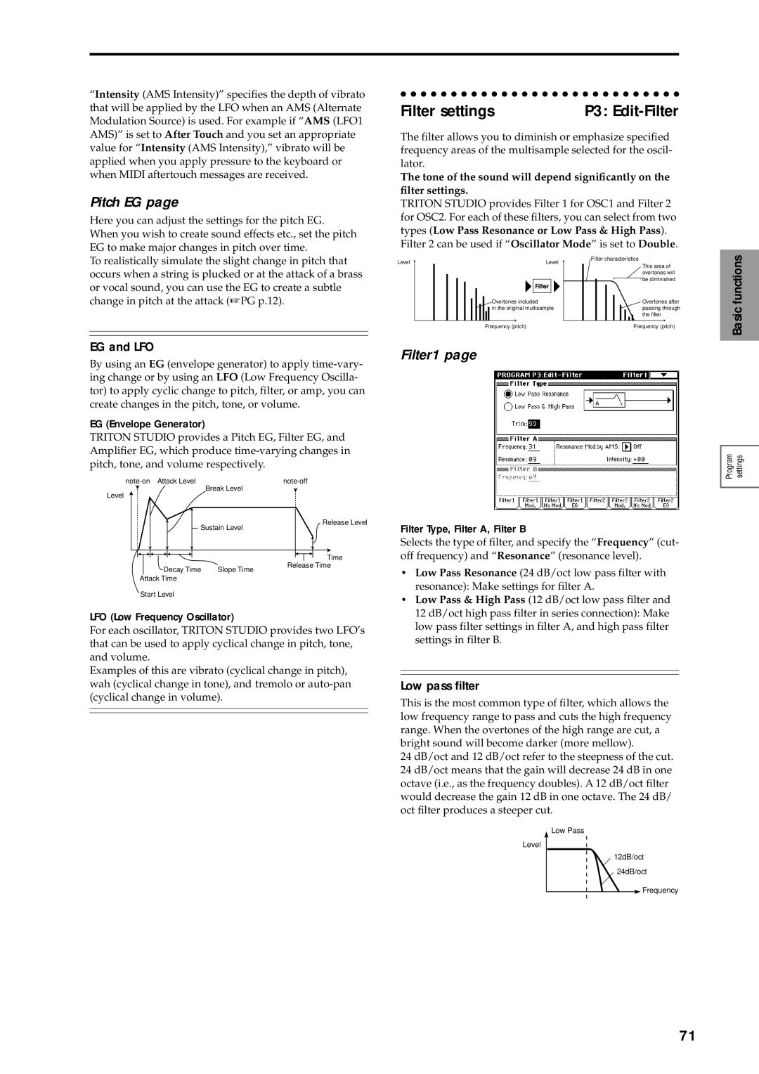 Korg sampler, music workstation manual Filter settings, P3 Edit-Filter, Pitch EG, Filter1 