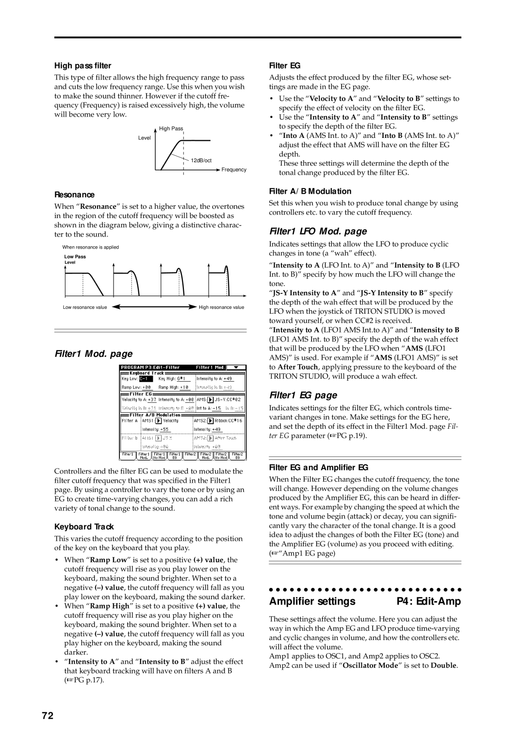 Korg music workstation, sampler manual Ampliﬁer settings P4 Edit-Amp, Filter1 Mod, Filter1 LFO Mod, Filter1 EG 