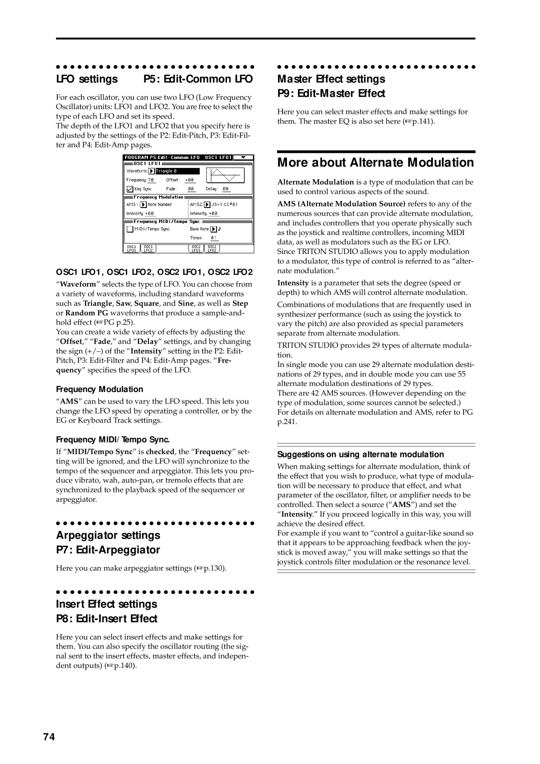 Korg music workstation, sampler More about Alternate Modulation, LFO settings, Arpeggiator settings P7 Edit-Arpeggiator 