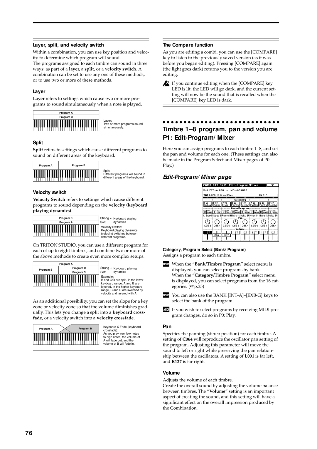 Korg music workstation, sampler manual Timbre 1-8 program, pan and volume P1 Edit-Program/Mixer 