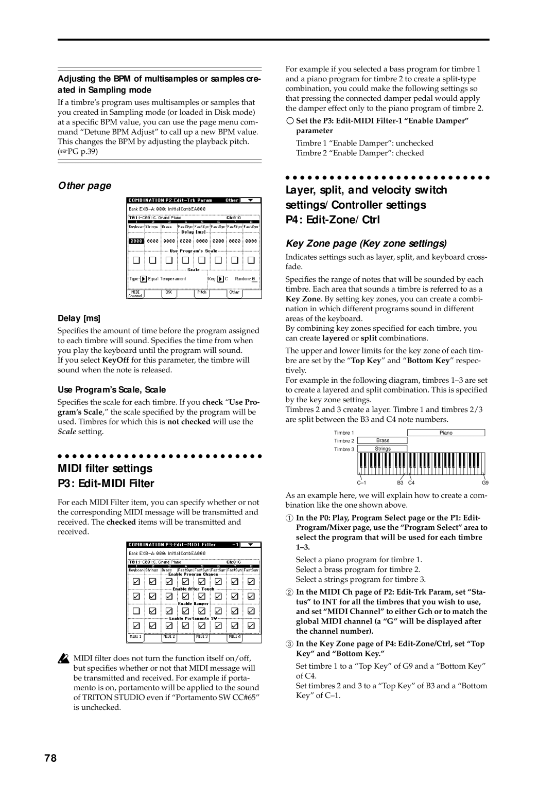 Korg music workstation, sampler Midi ﬁlter settings P3 Edit-MIDI Filter, Other, Key Zone page Key zone settings, Delay ms 