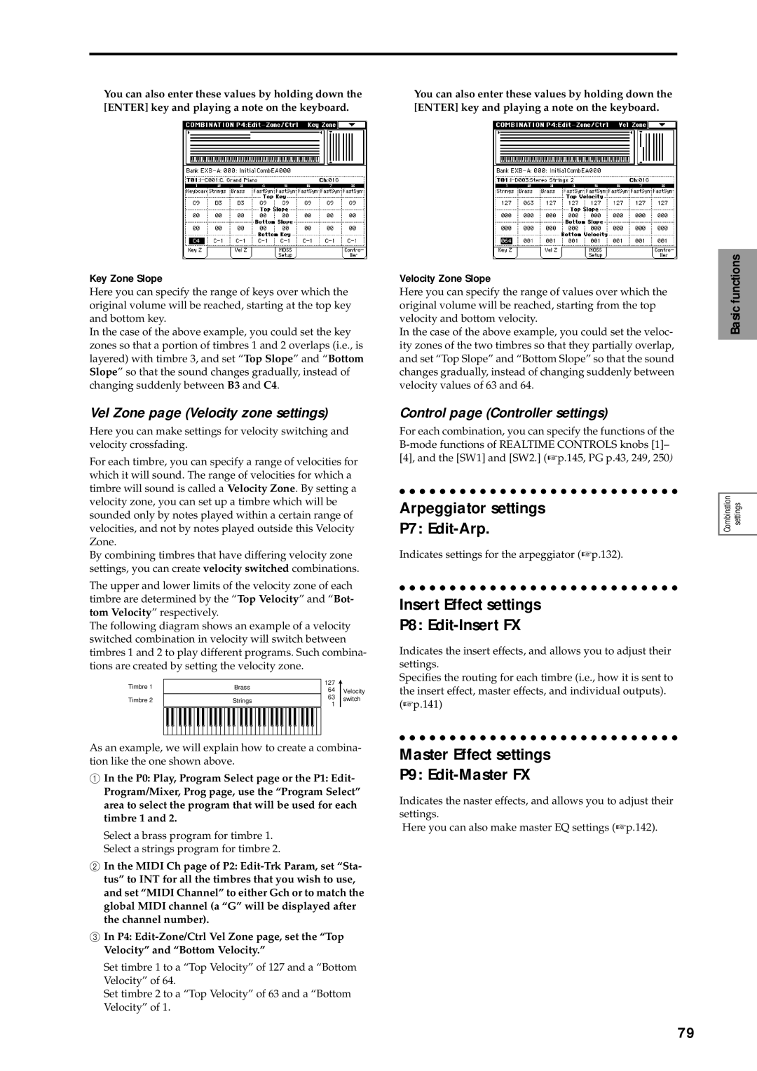 Korg sampler Arpeggiator settings P7 Edit-Arp, Insert Effect settings P8 Edit-Insert FX, Control page Controller settings 