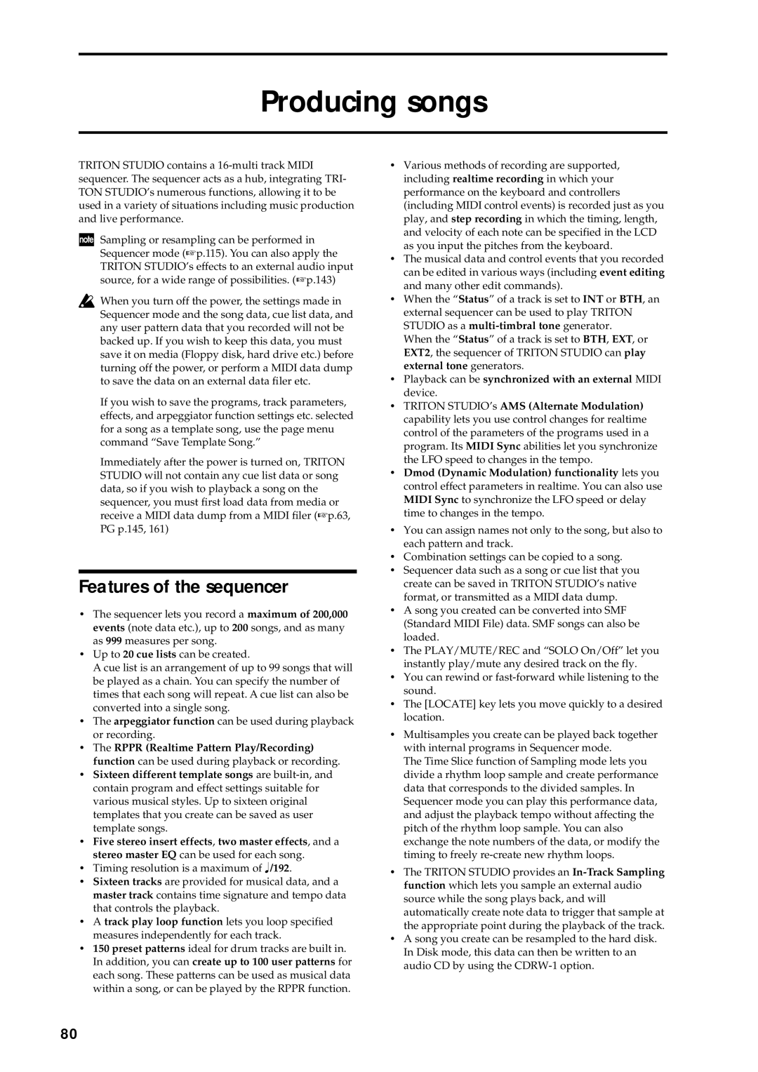 Korg music workstation, sampler manual Producing songs, Features of the sequencer 