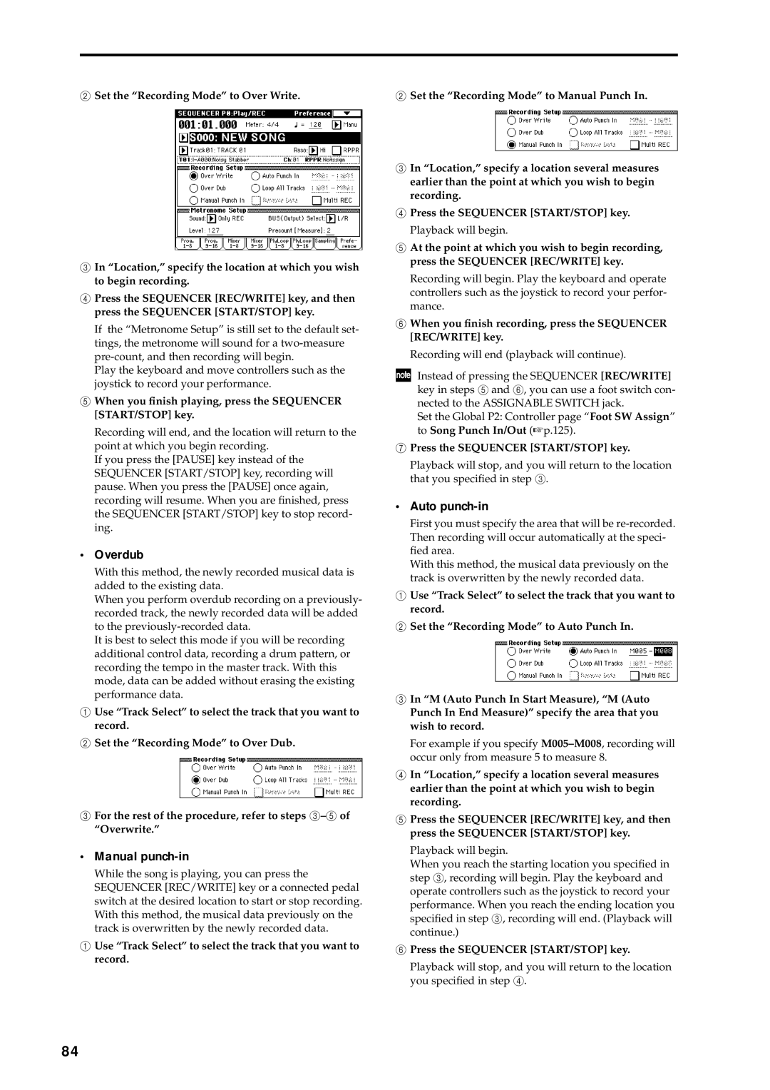 Korg music workstation Overdub, Manual punch-in, Auto punch-in, When you ﬁnish playing, press the Sequencer START/STOP key 