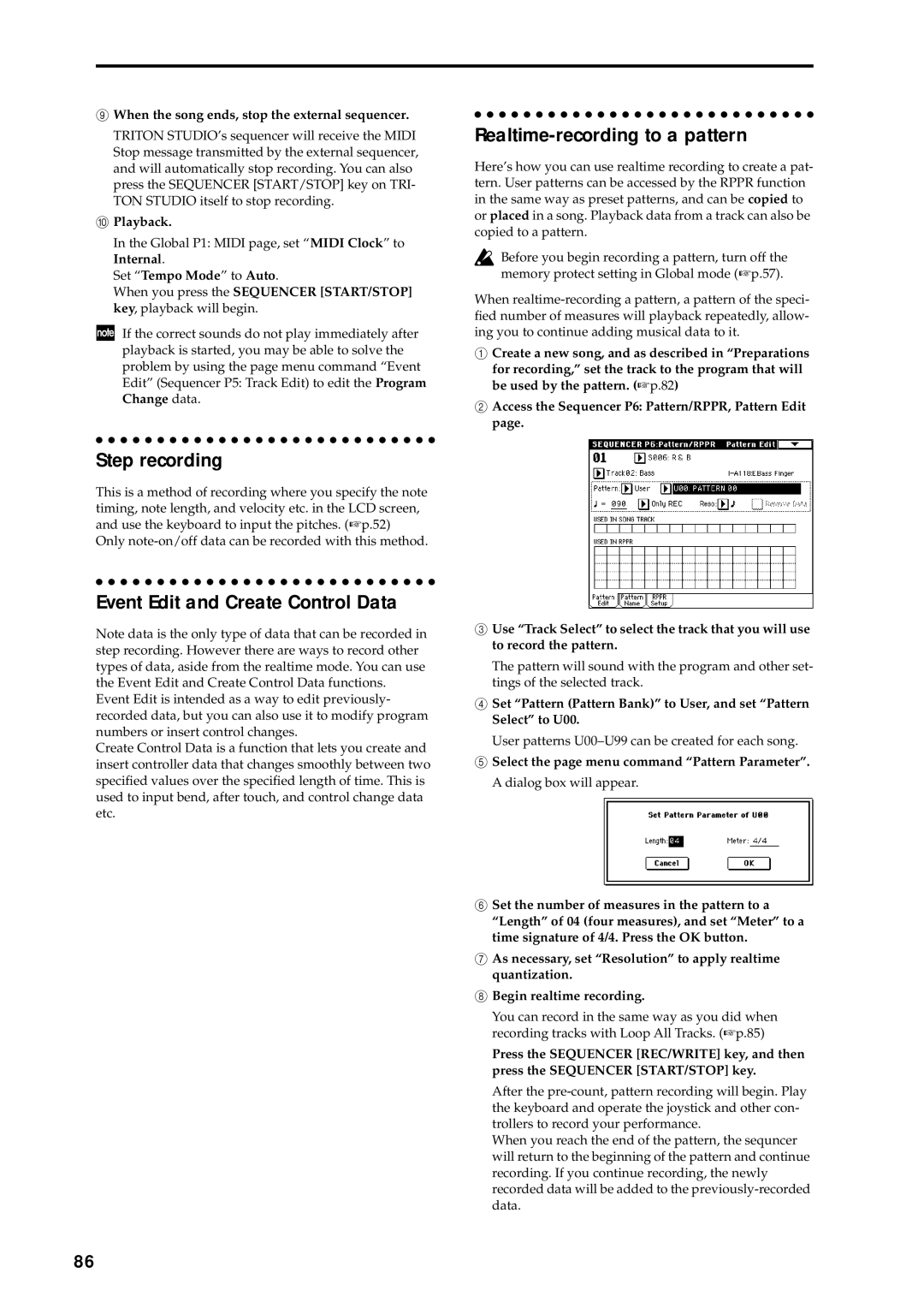 Korg music workstation, sampler manual Step recording, Event Edit and Create Control Data, Realtime-recording to a pattern 