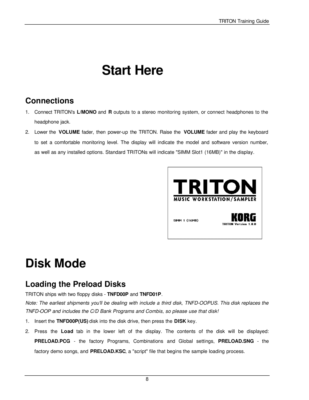 Korg Musical Instrument manual Disk Mode, Connections, Loading the Preload Disks 