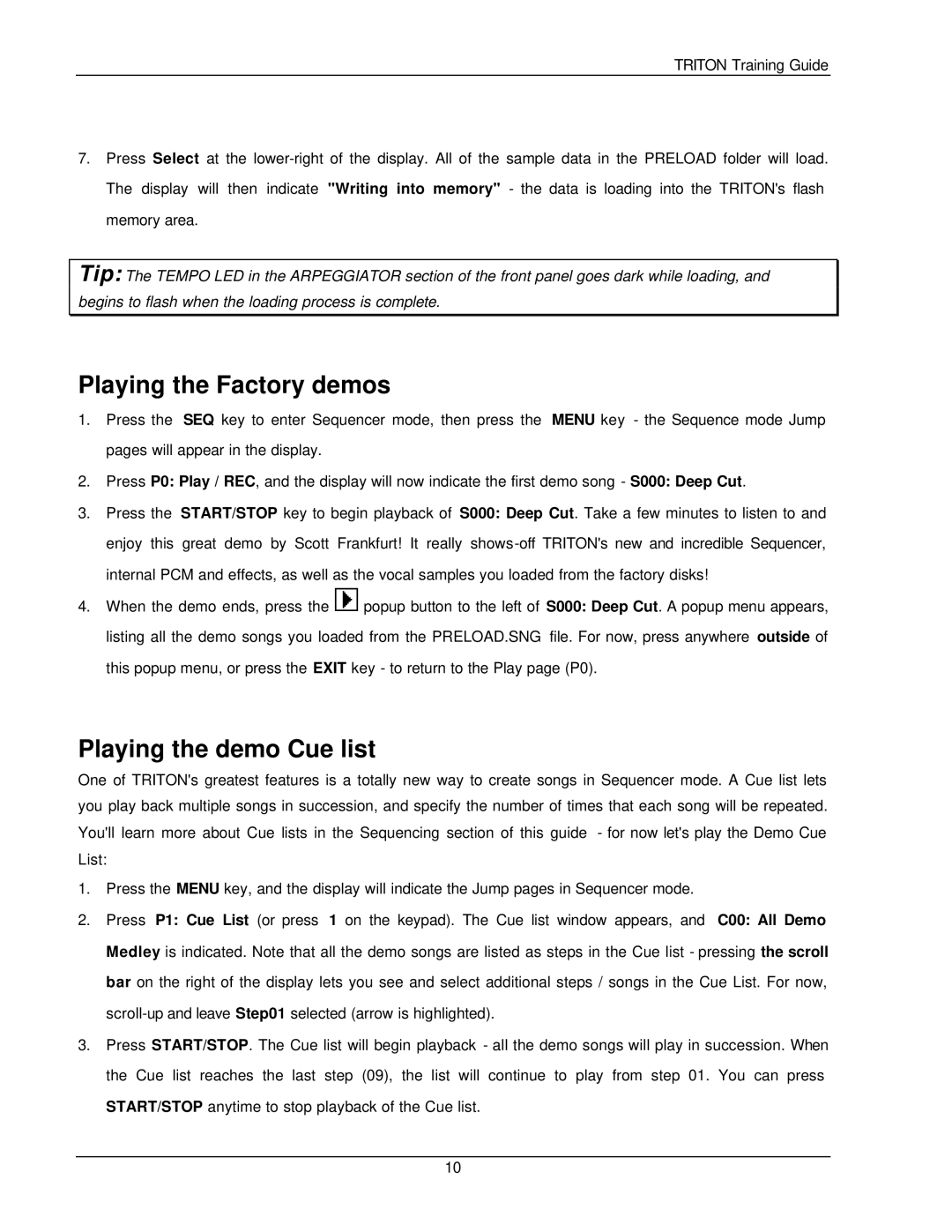 Korg Musical Instrument manual Playing the Factory demos, Playing the demo Cue list 