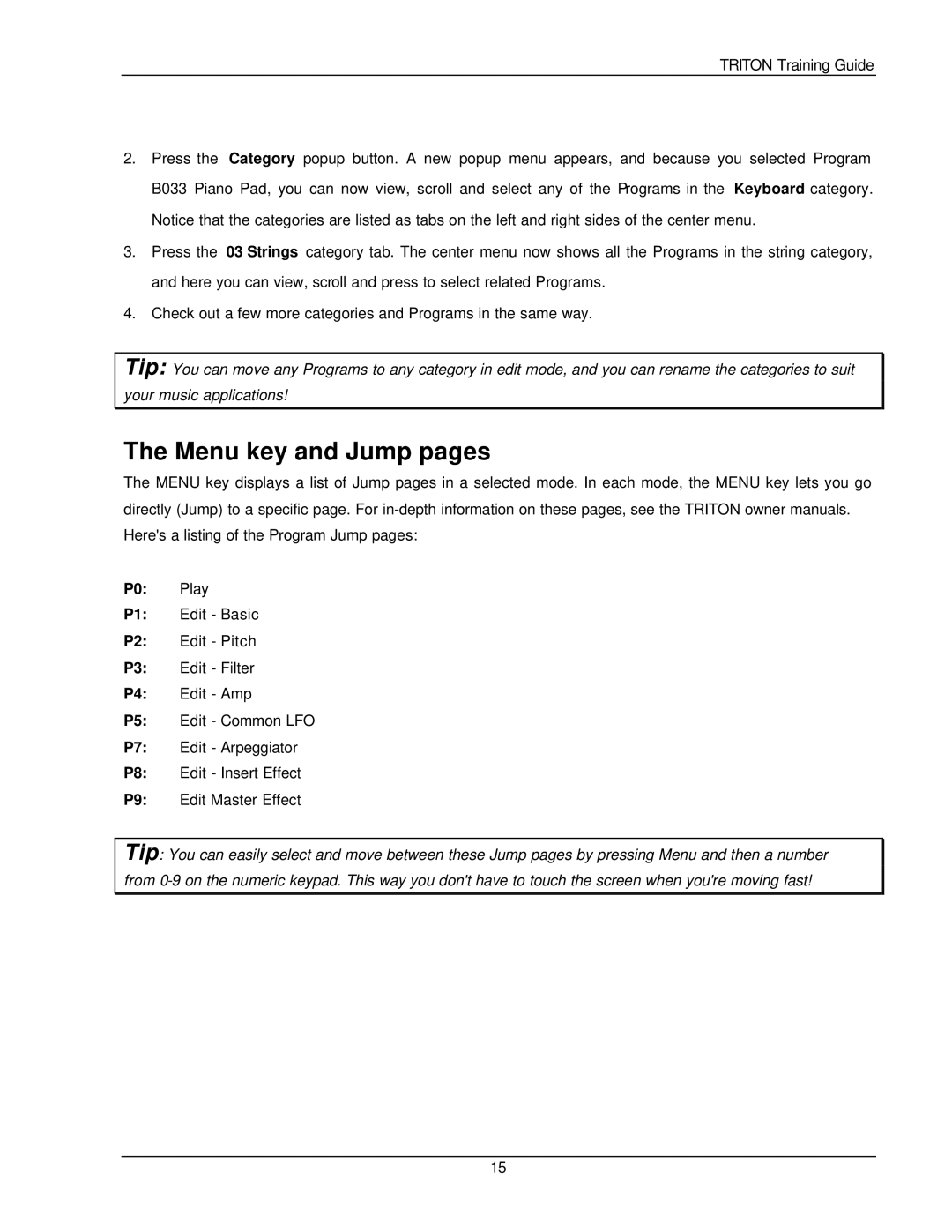 Korg Musical Instrument manual Menu key and Jump pages 