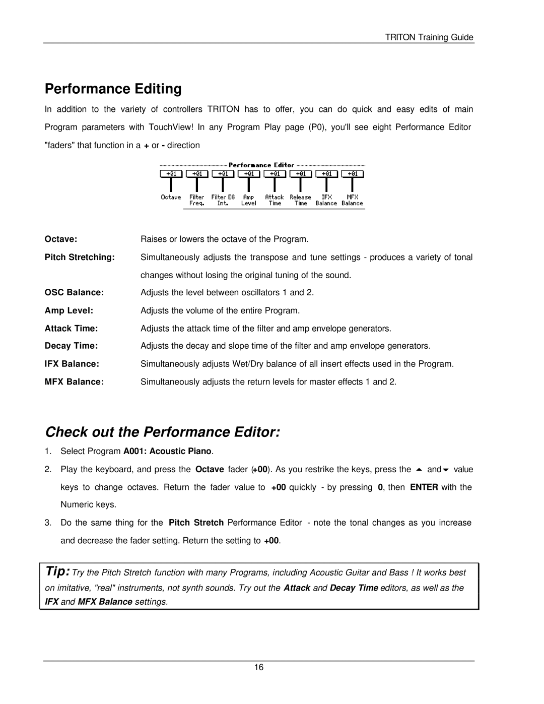 Korg Musical Instrument manual Performance Editing, Check out the Performance Editor, Select Program A001 Acoustic Piano 