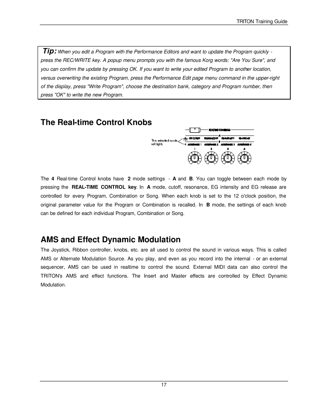 Korg Musical Instrument manual Real-time Control Knobs, AMS and Effect Dynamic Modulation 